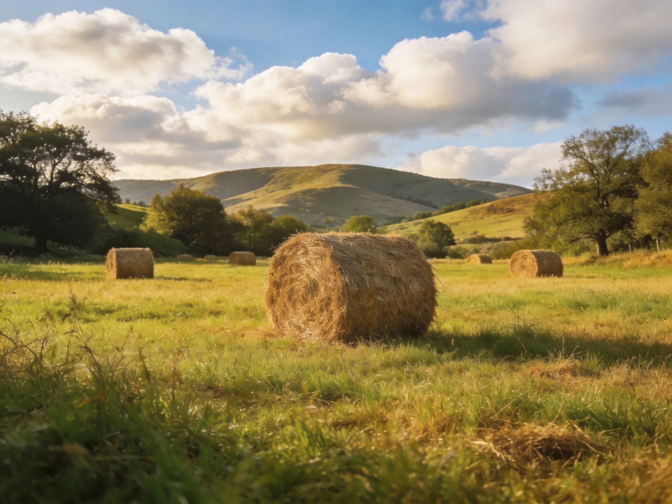 Golden hay bales scattered in lush green fields near rolling hills