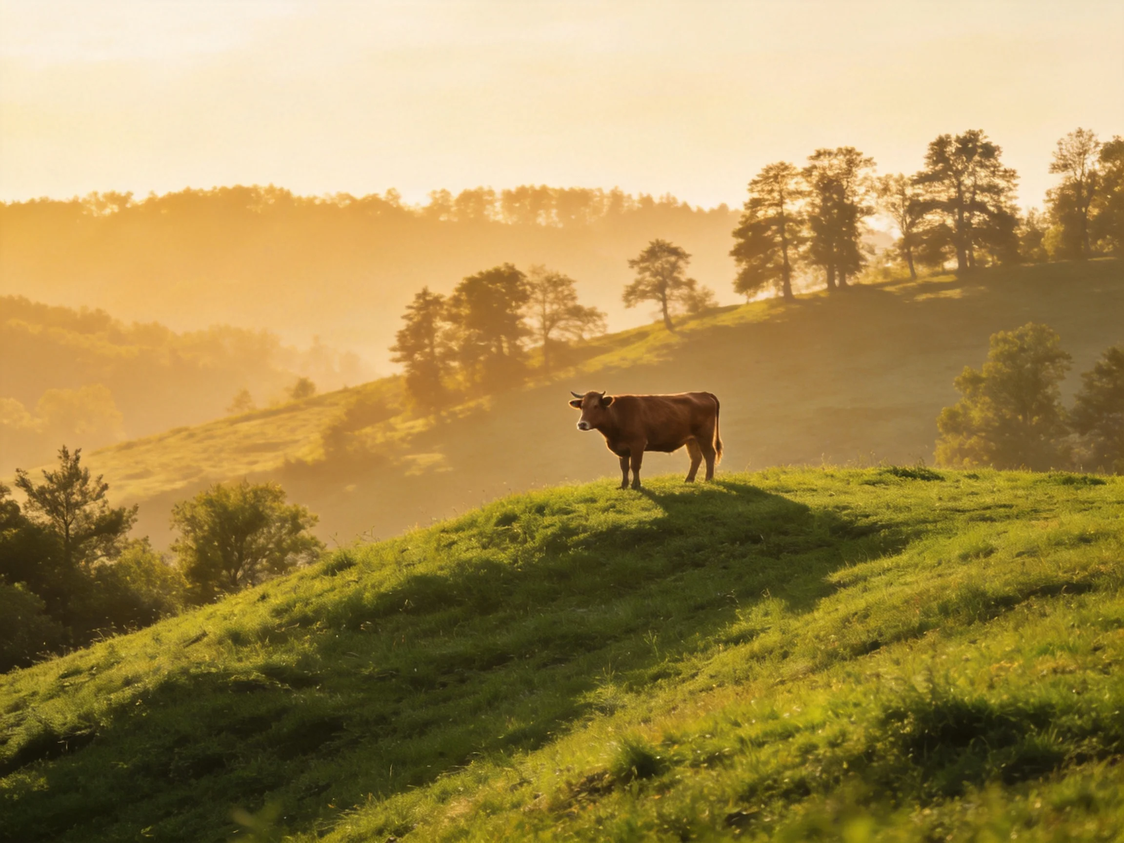 Golden-hour light illuminates a brown cow on a verdant hillside