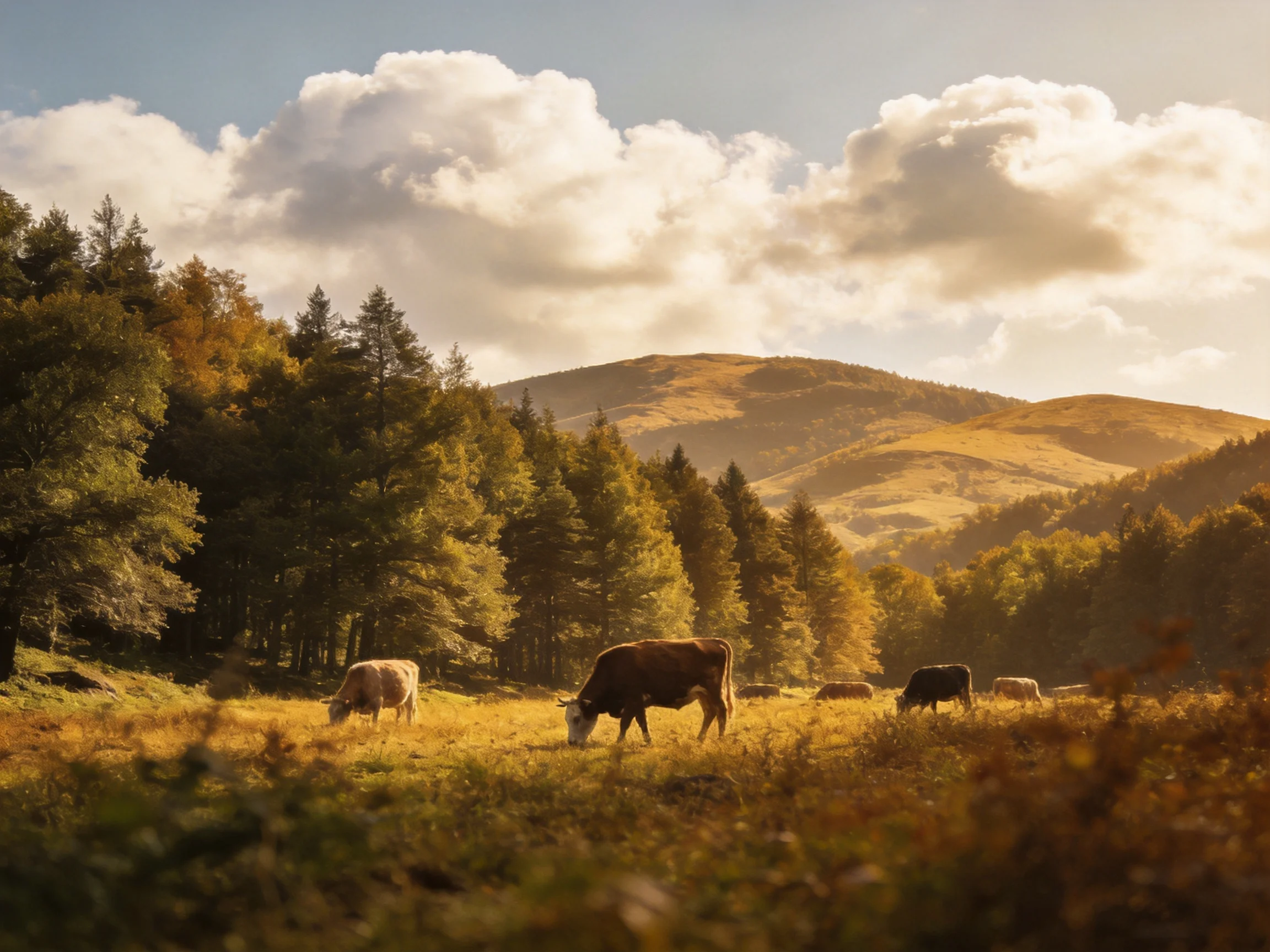 Golden-hour meadow with grazing cattle near forested mountains