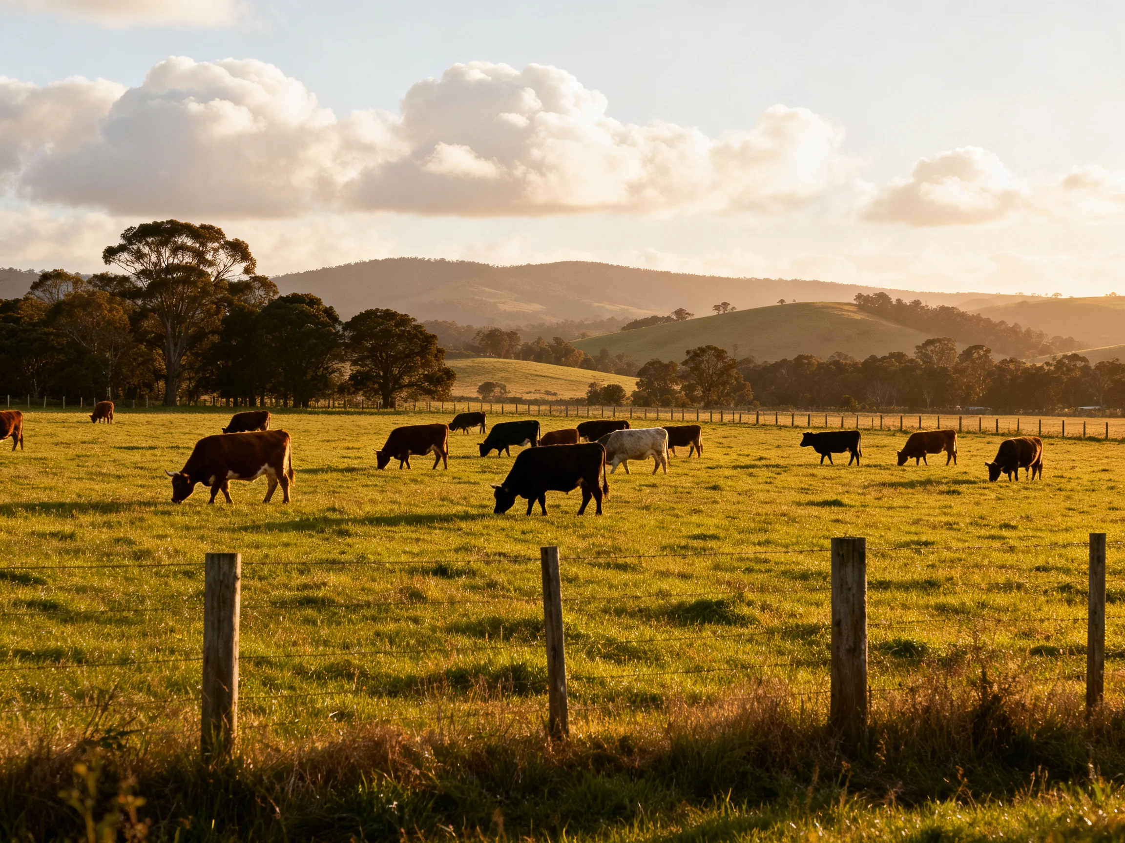 Golden-hour pasture with numerous cattle grazing near rolling hills