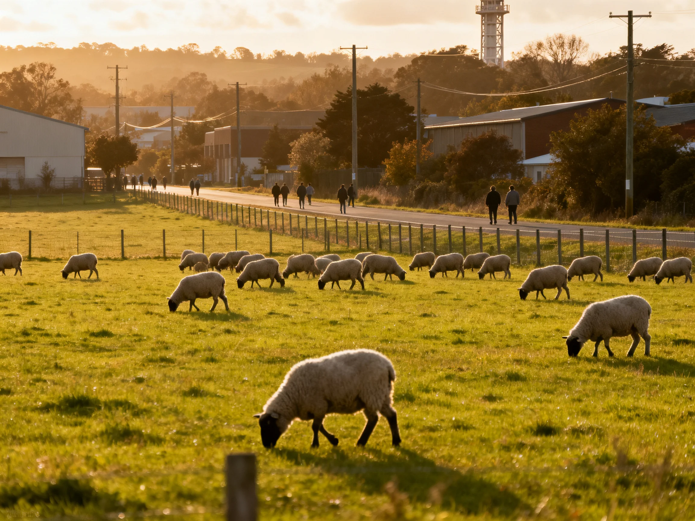 Golden-hour rural landscape with numerous sheep near farm buildings