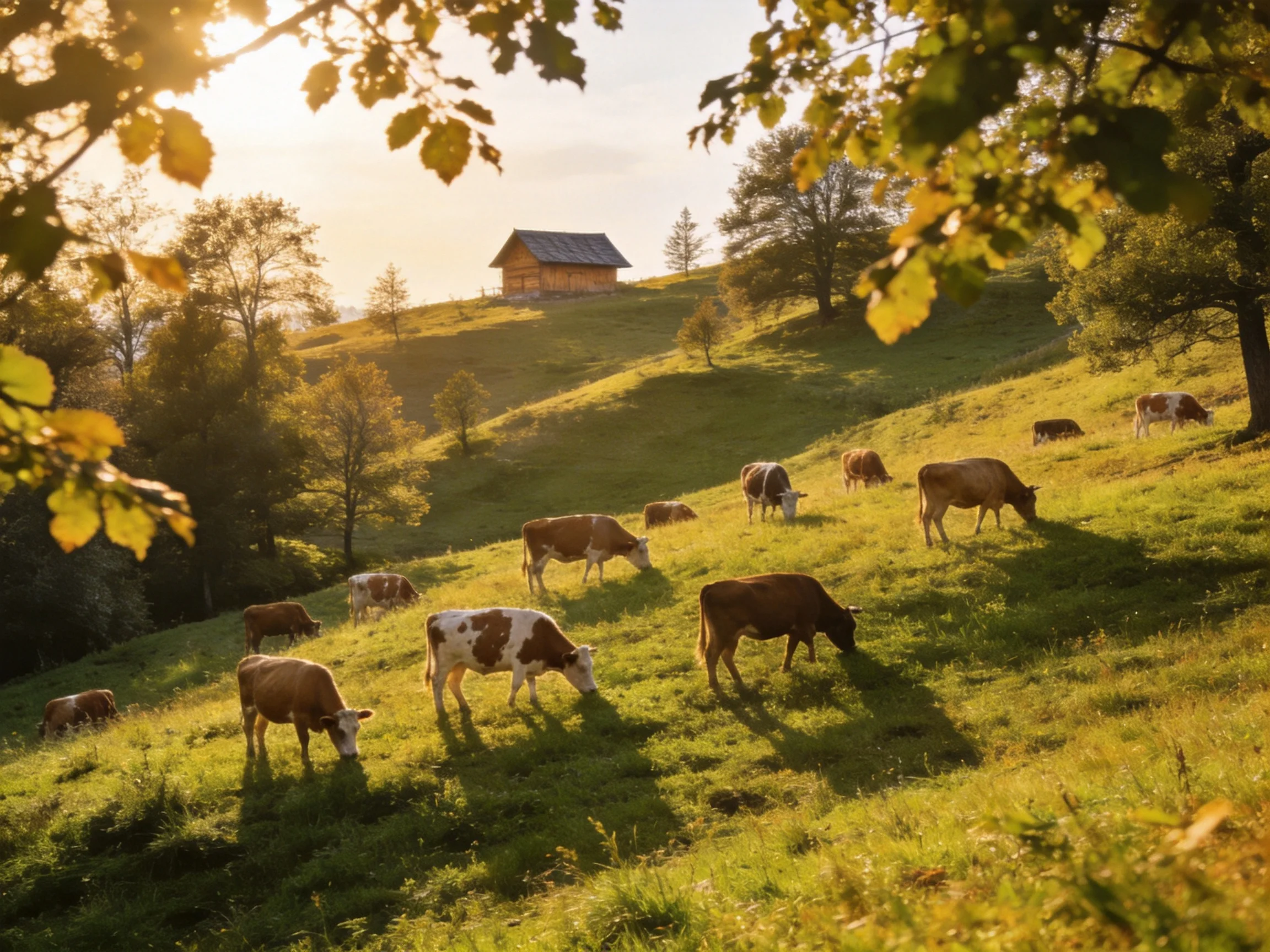 Golden sunlight illuminates a lush green hillside