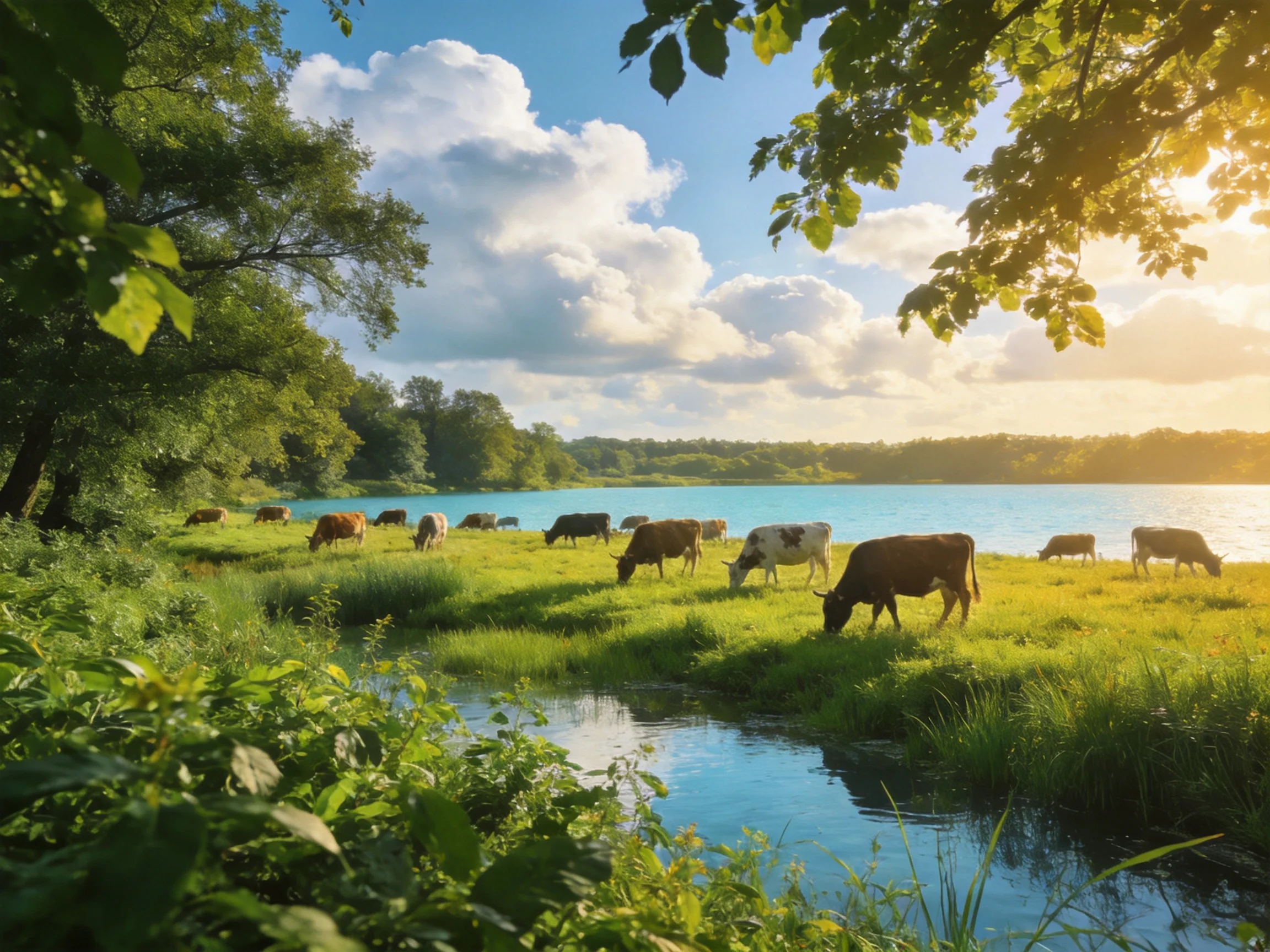 Grazing cows in a verdant meadow by a turquoise lake