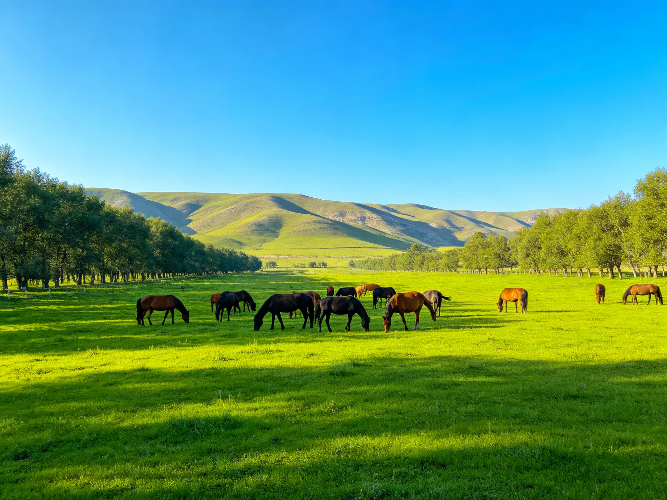Horses graze in a sunlit green meadow with distant hills