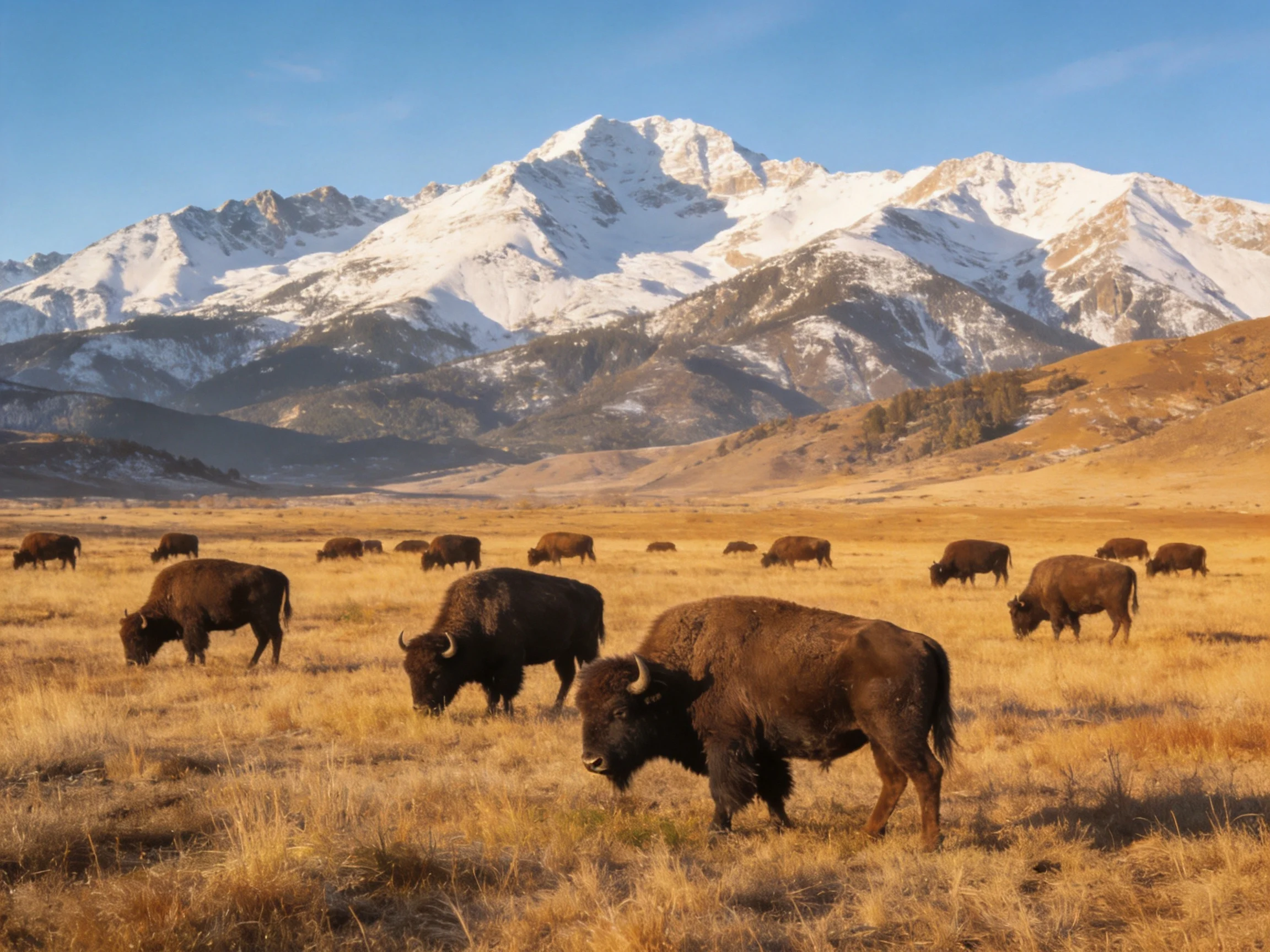 Herd of bison grazing in golden field with snow - capped mountains