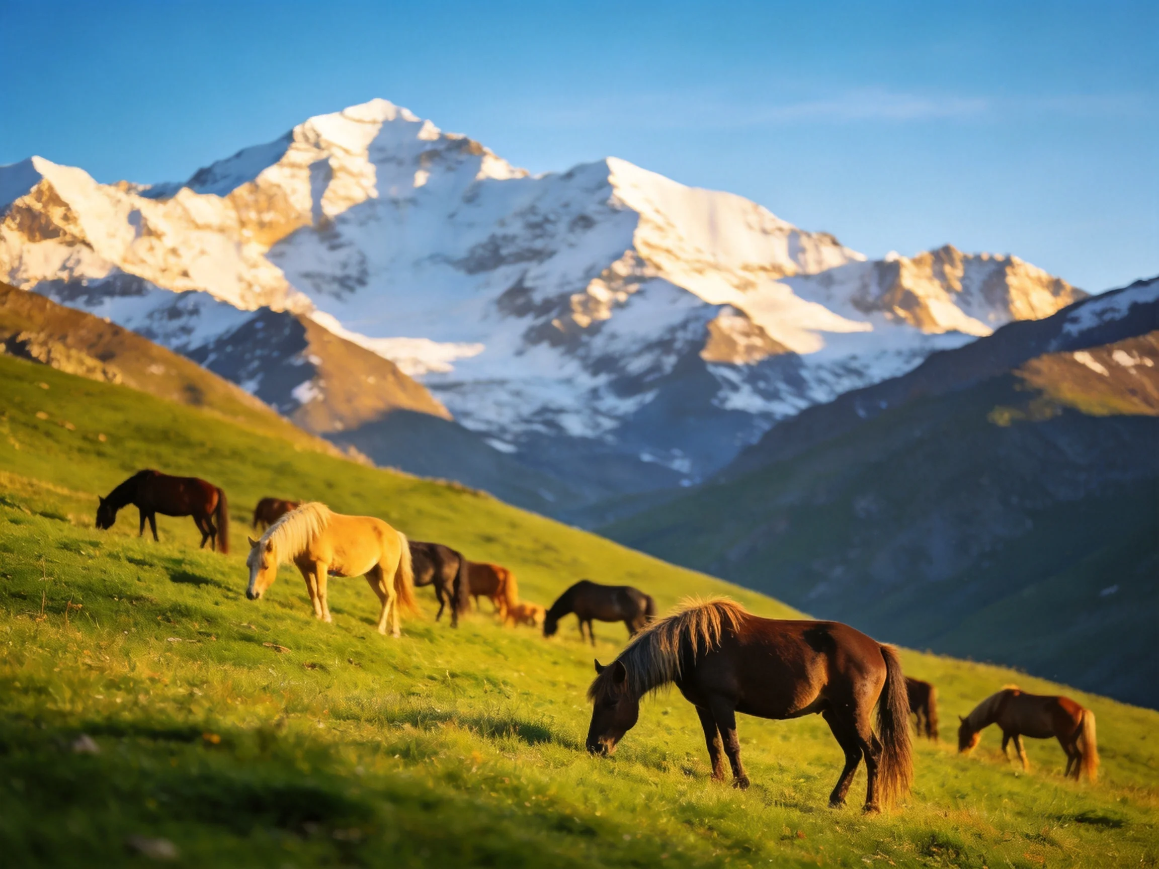 Horses graze on a green hillside with snow-capped mountains in the background.
