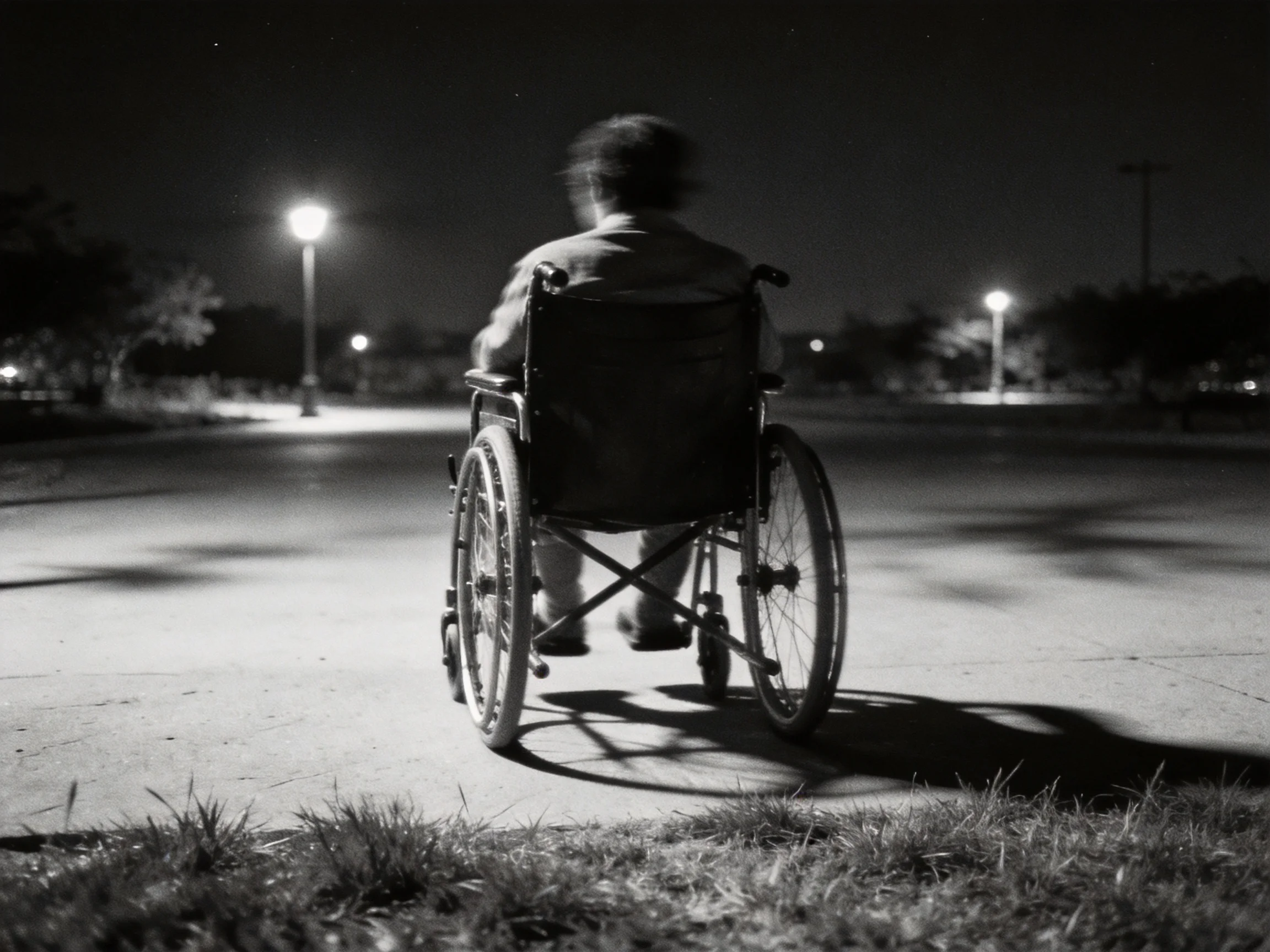 Individual in wheelchair on nighttime paved path near streetlights