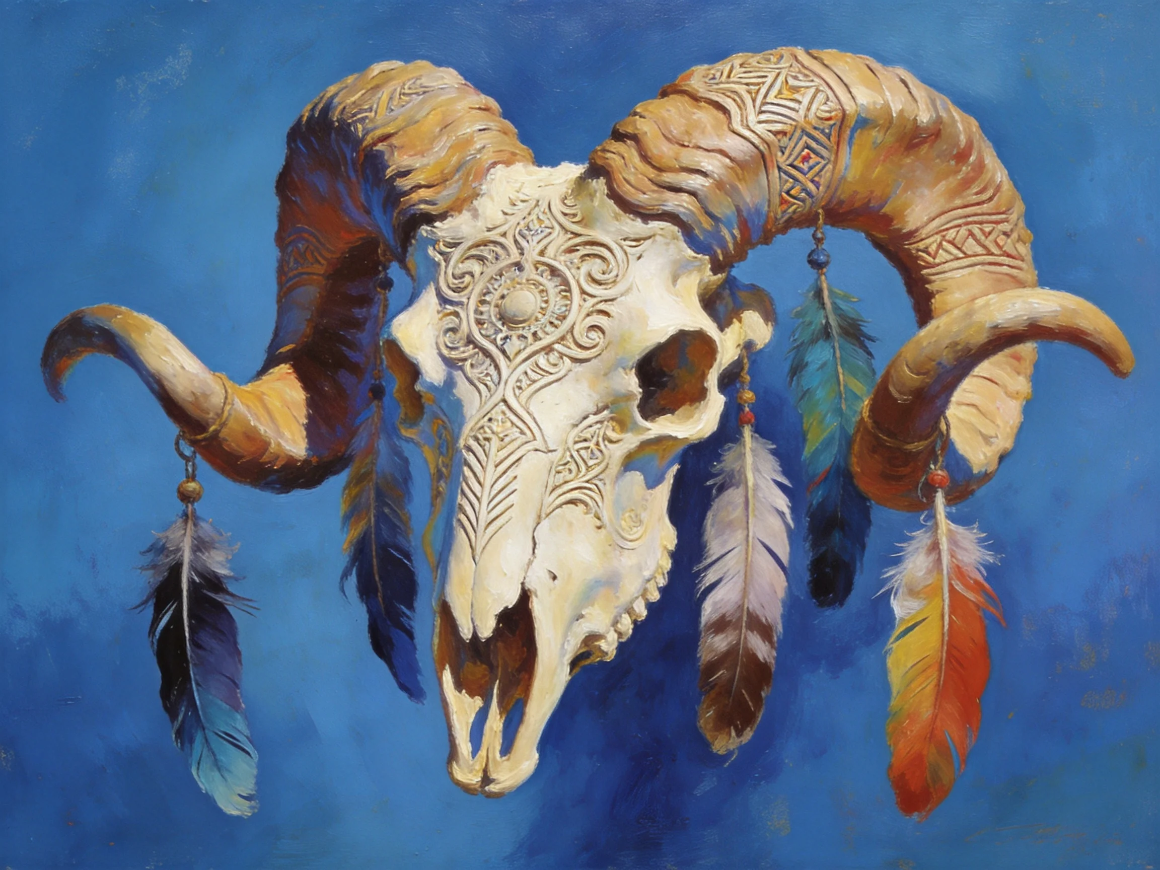Intricately carved ram skull with colorful hanging feathers on blue backdrop
