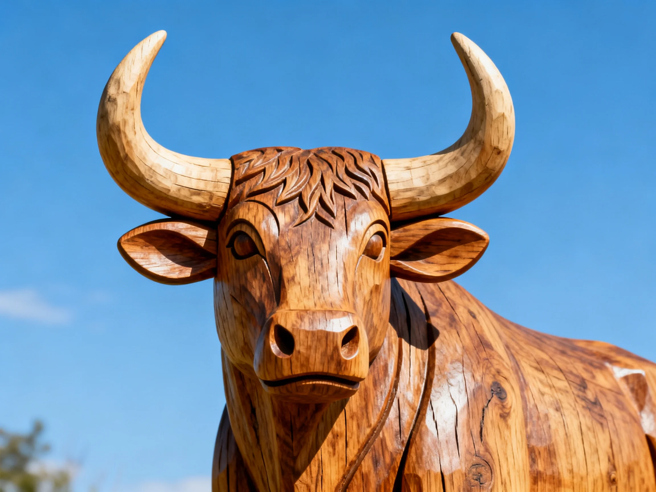 Intricately carved wooden bull sculpture with large curved horns