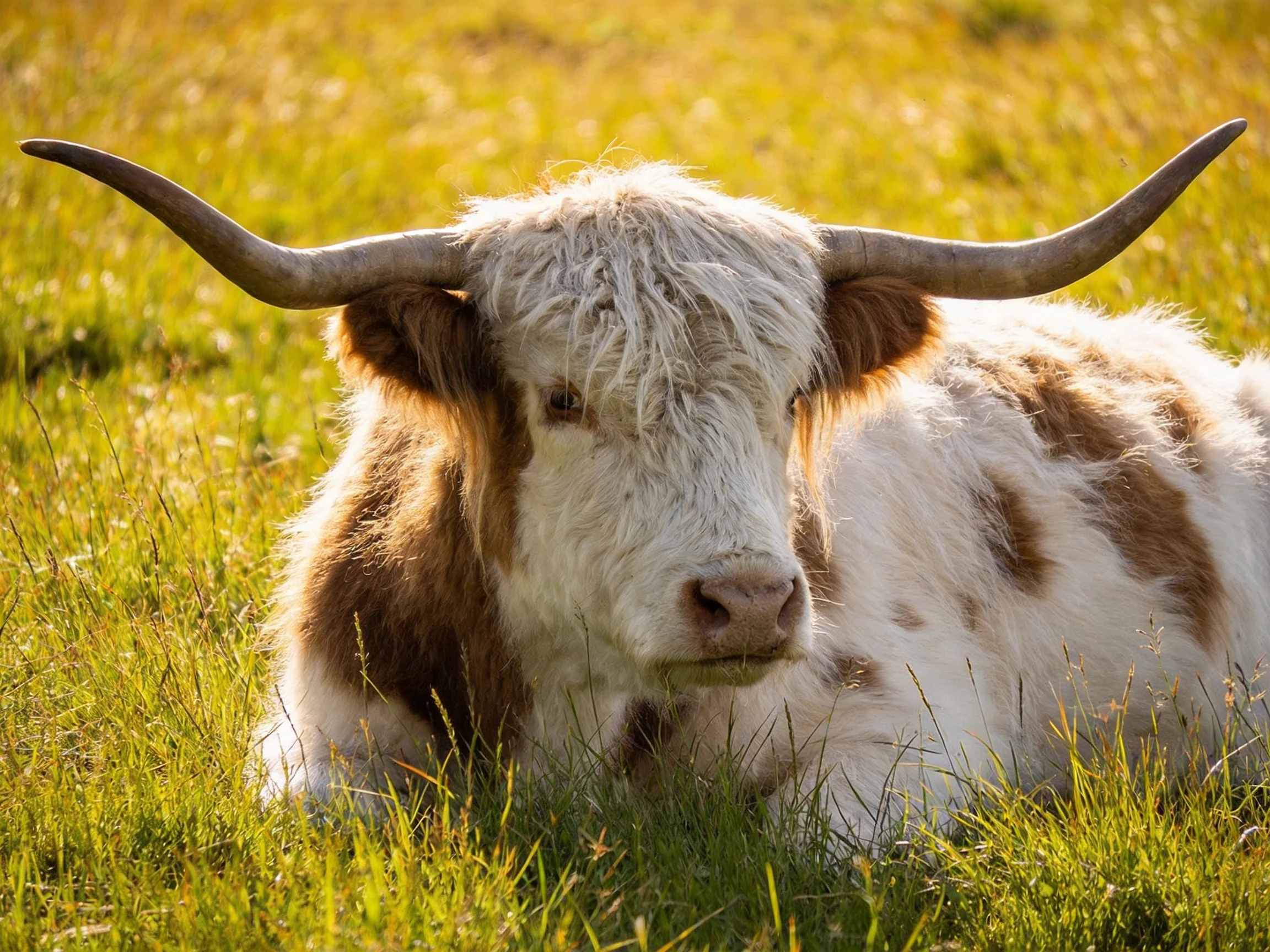 Long-horned brown and white cow resting in sunlit green meadow
