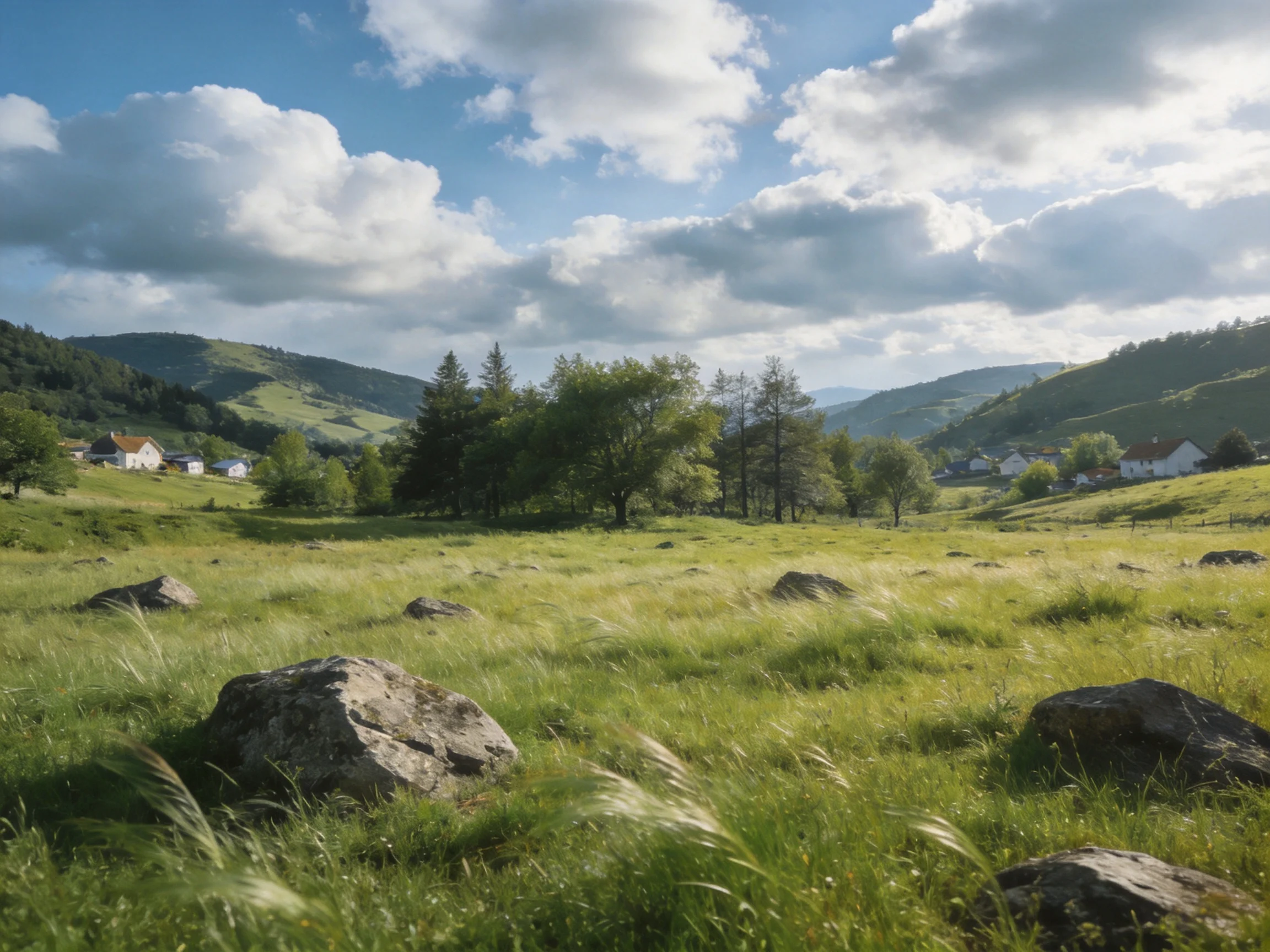 Lush Green Field with Scattered Rocks, Rolling Hills, and Cloud-Dotted Sky