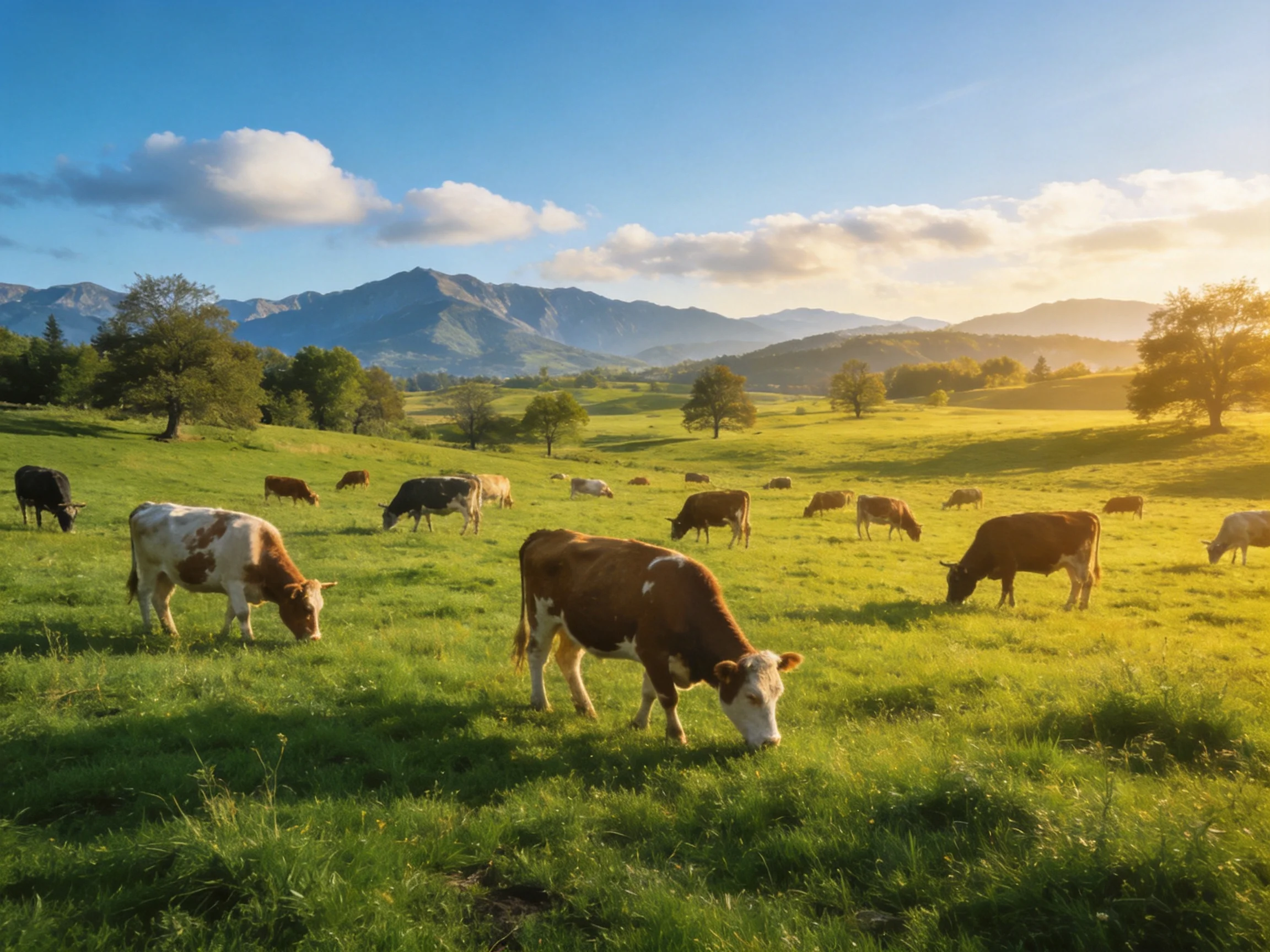 Lush green meadow with cows grazing under golden sunlight near mountains