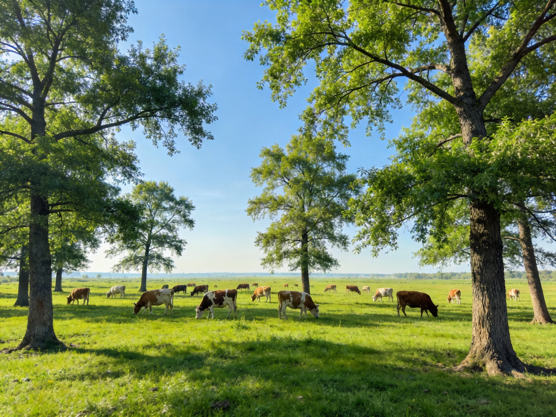 Lush meadow with many cows grazing near tall green trees