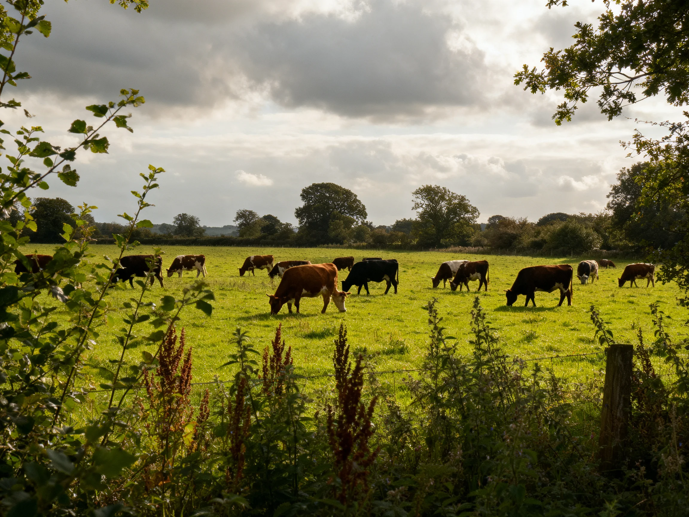 Lush pasture with diverse cattle under cloudy sky