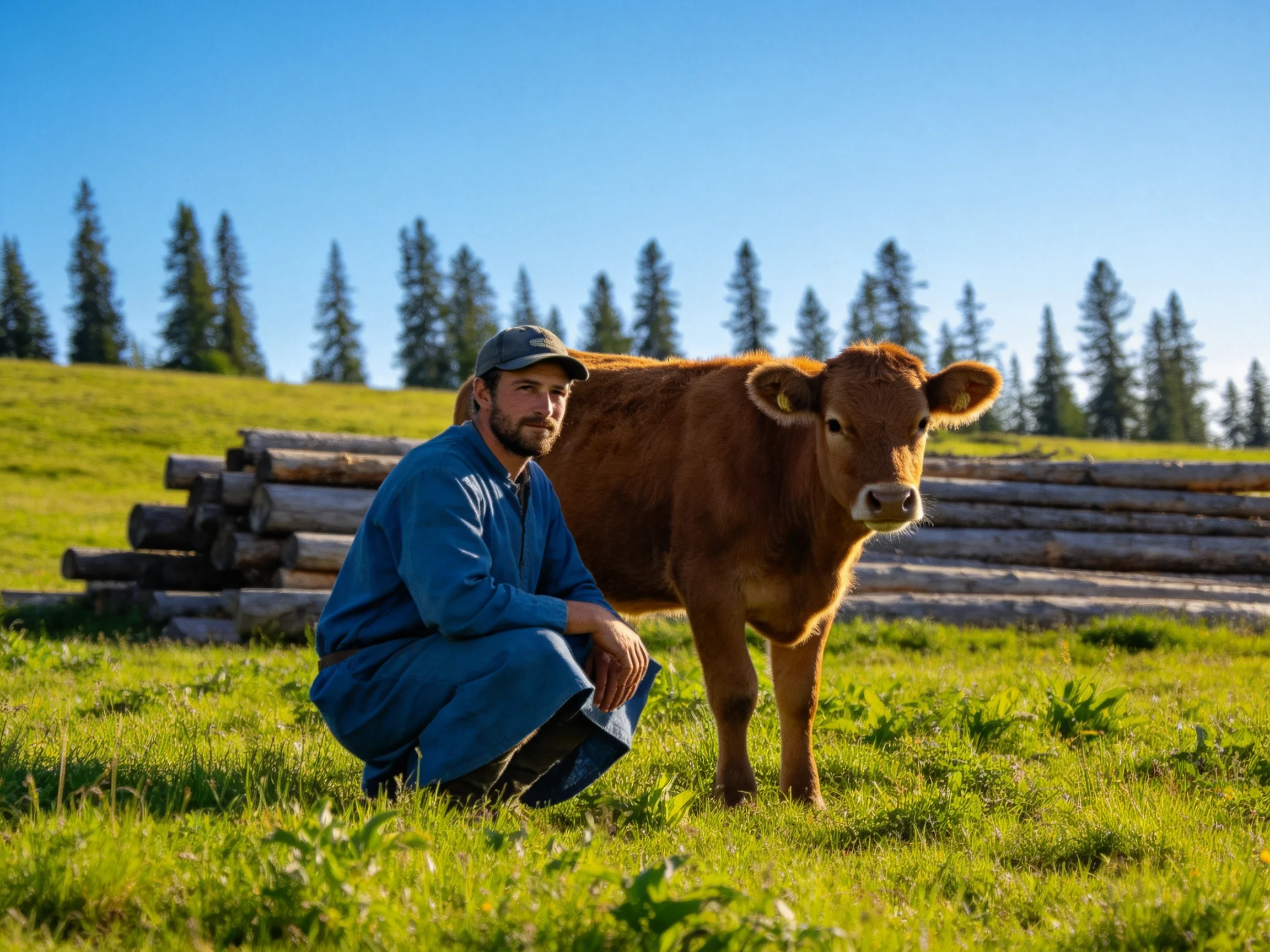 Man in blue overalls crouches beside a brown calf near stacked logs