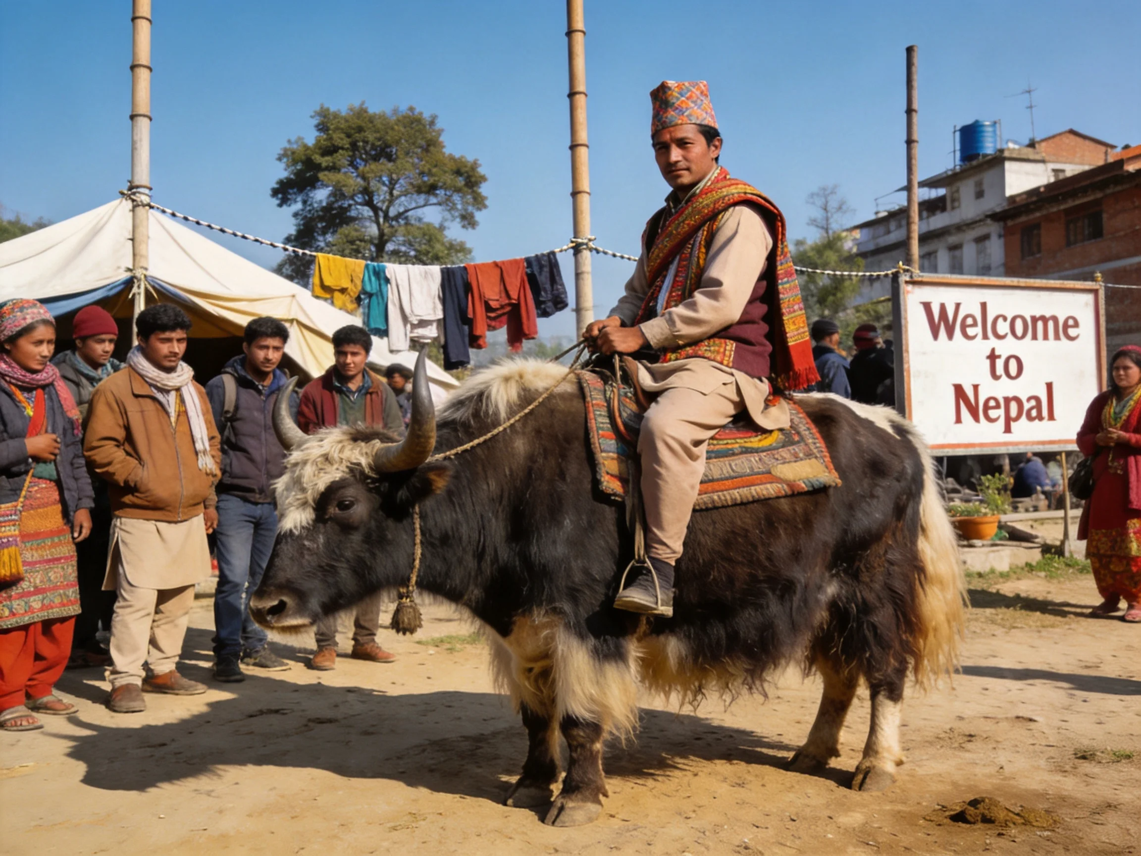 Man in traditional clothing rides a black-and-white yak near a Welcome to Nepal sign