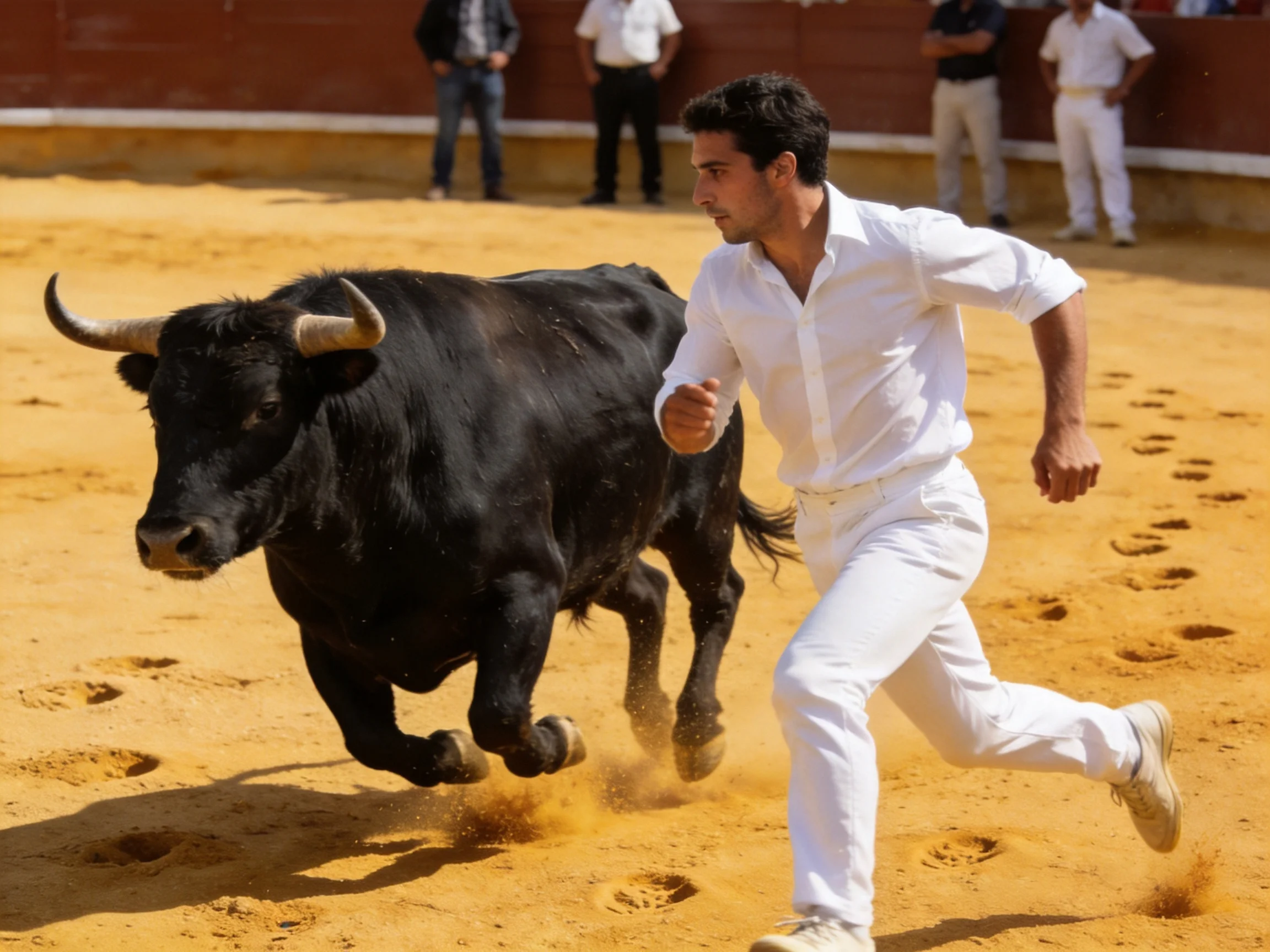 Man in white flees from a black bull in a sandy arena