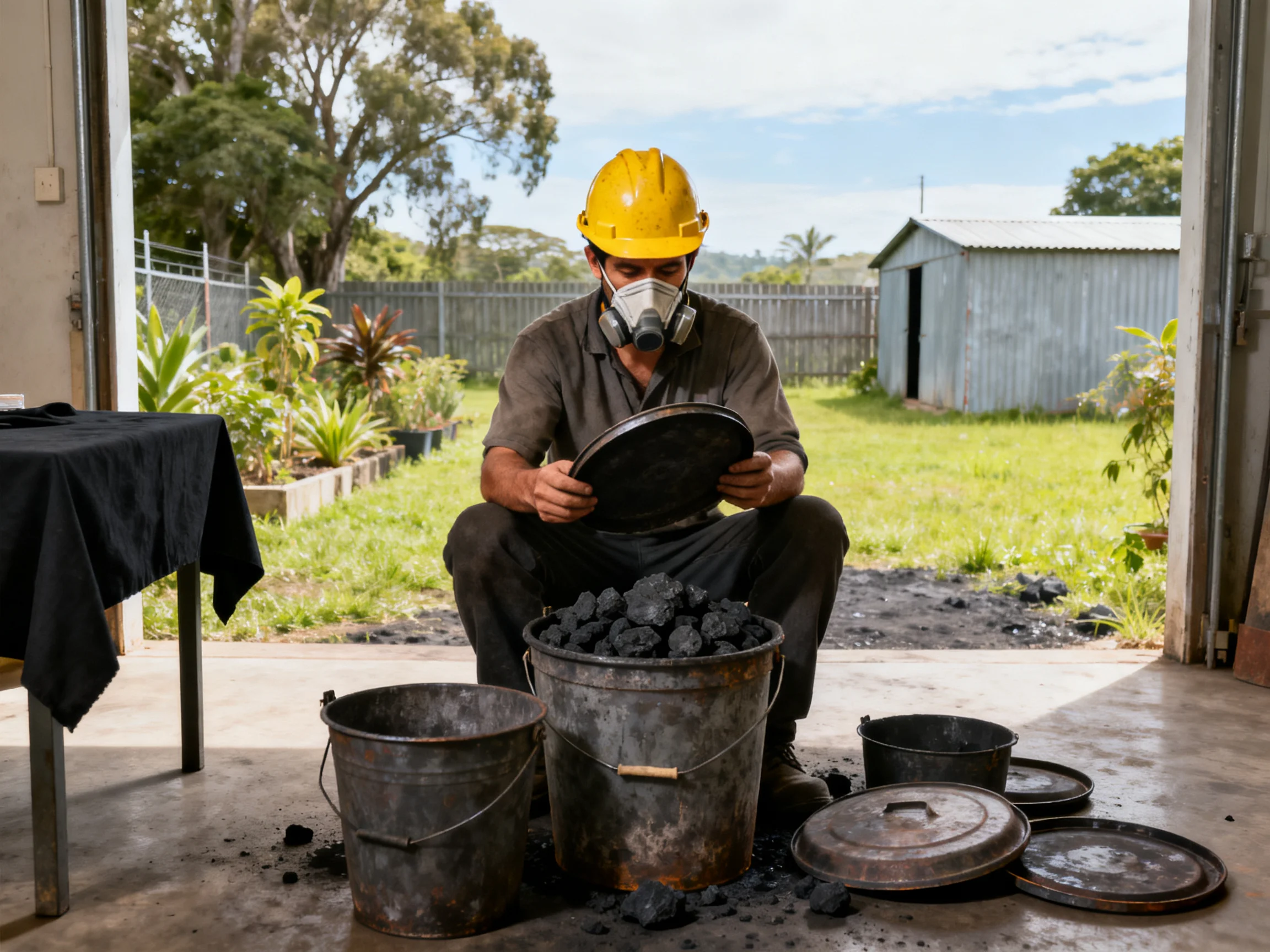 Man in yellow hard hat sorting coal near metal buckets