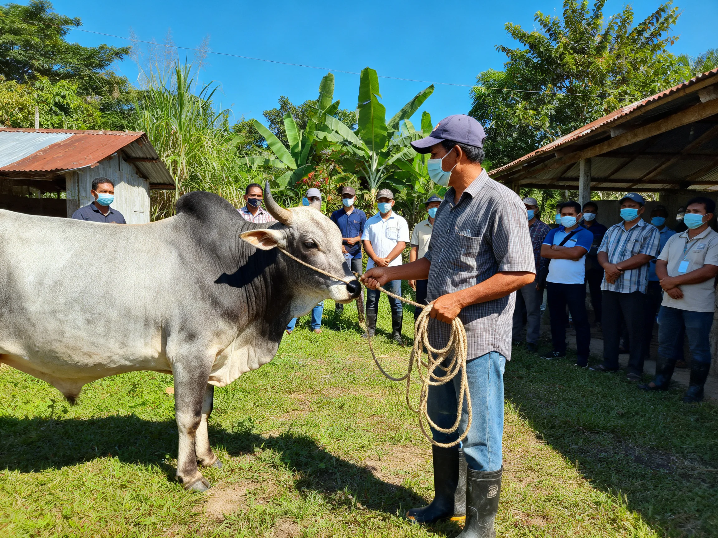 Man leading gray bull near masked observers in rural outdoor area