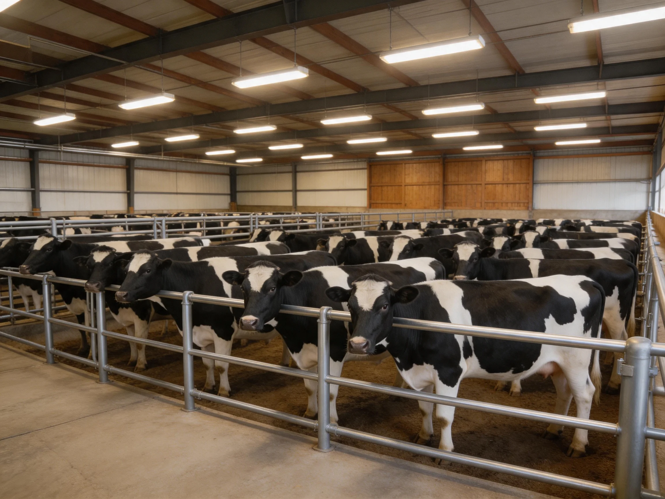 Many black and white dairy cows in a spacious indoor farm barn
