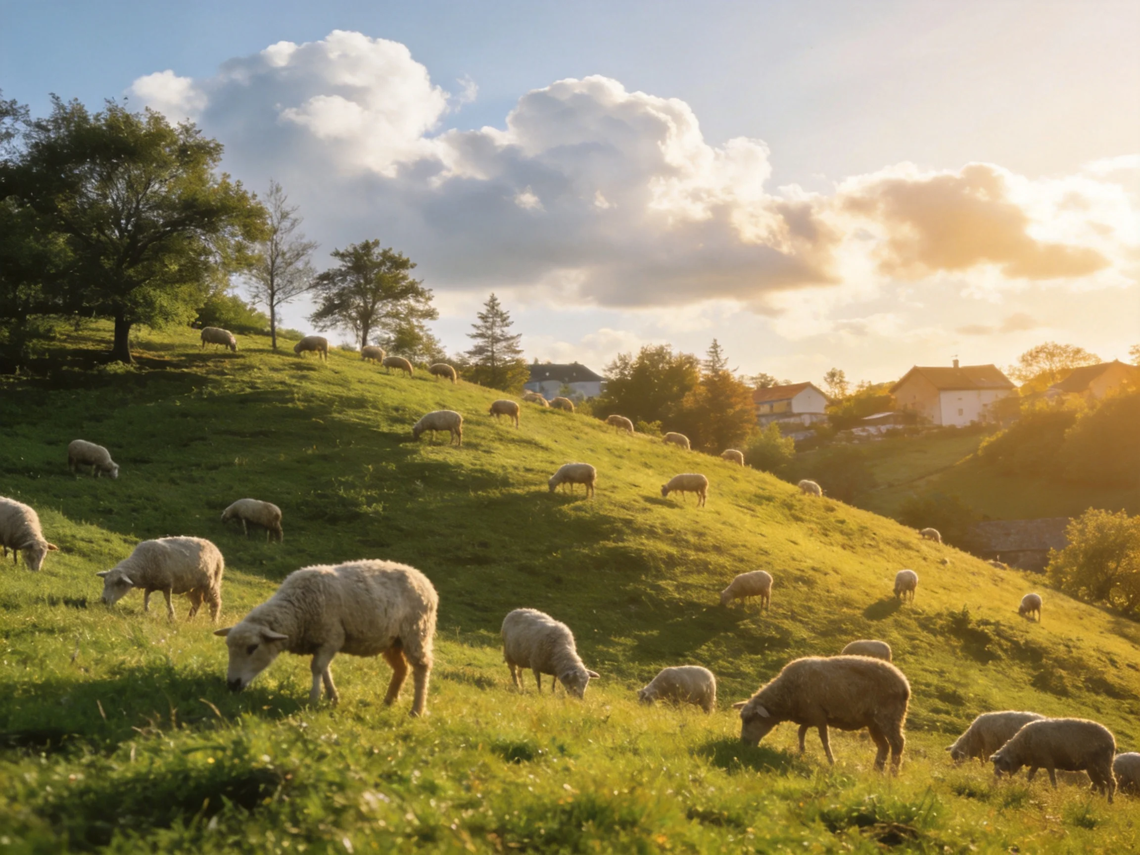 Many sheep graze on a sun-drenched green hillside with distant houses