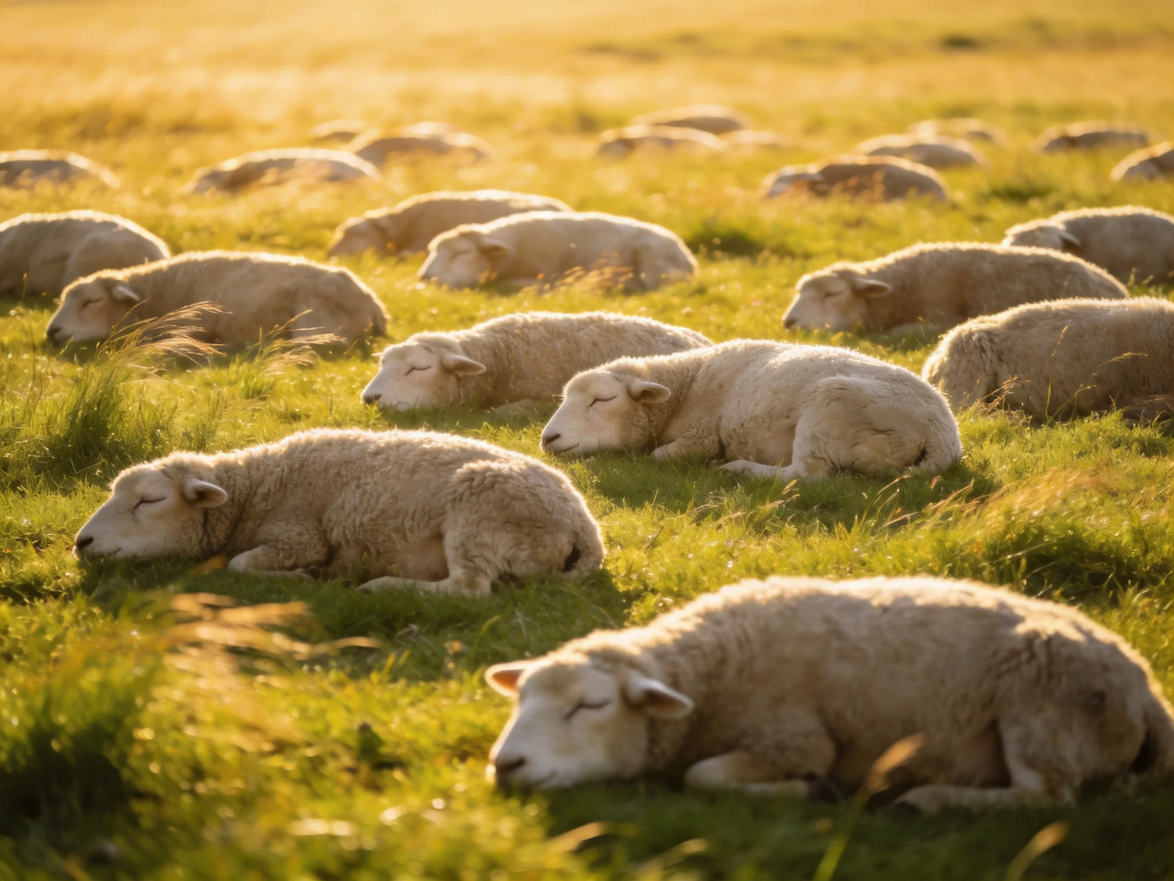 Many sheep rest in a sun-drenched green pasture