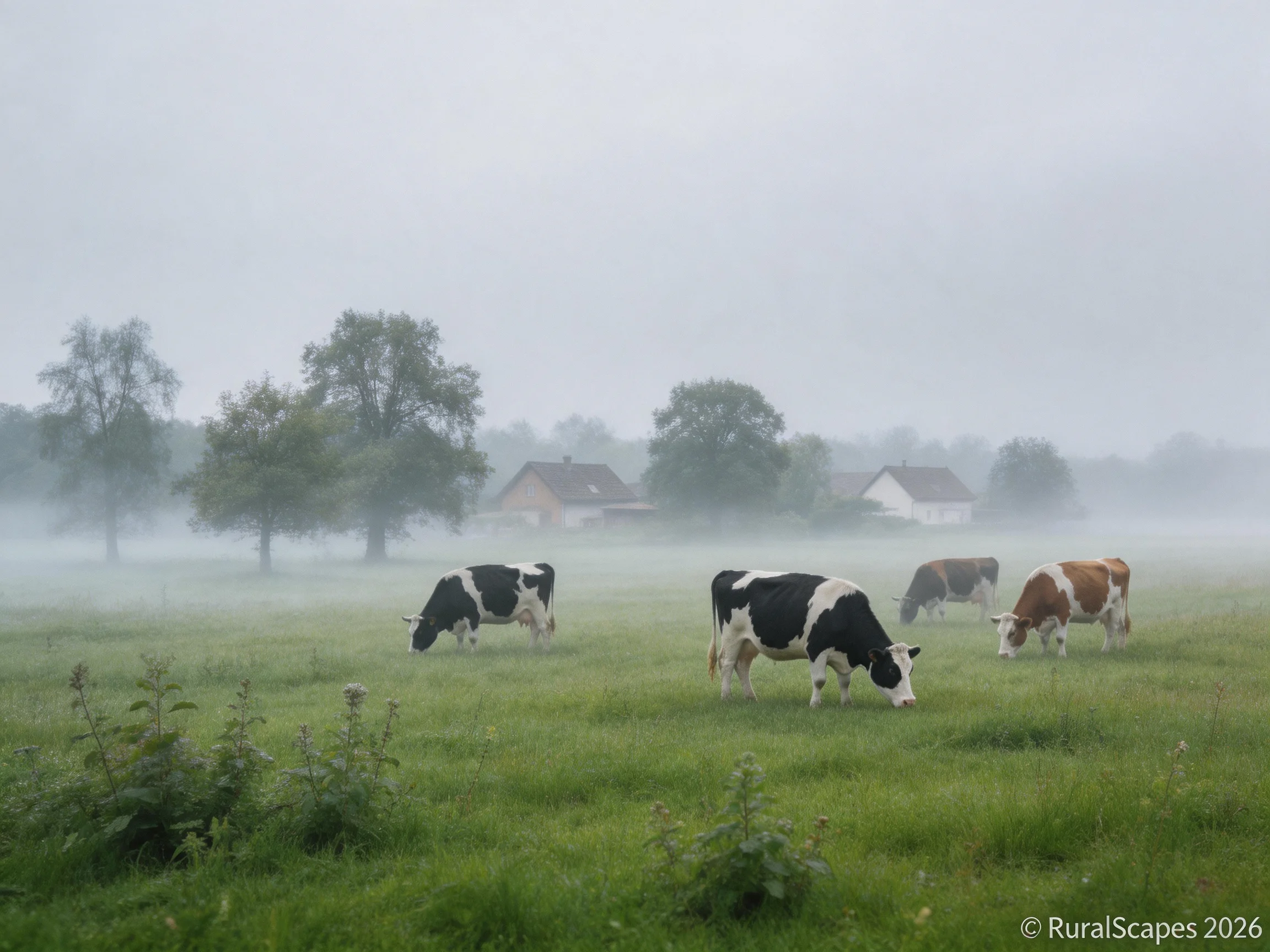 Misty pasture with four cows grazing near rural homes