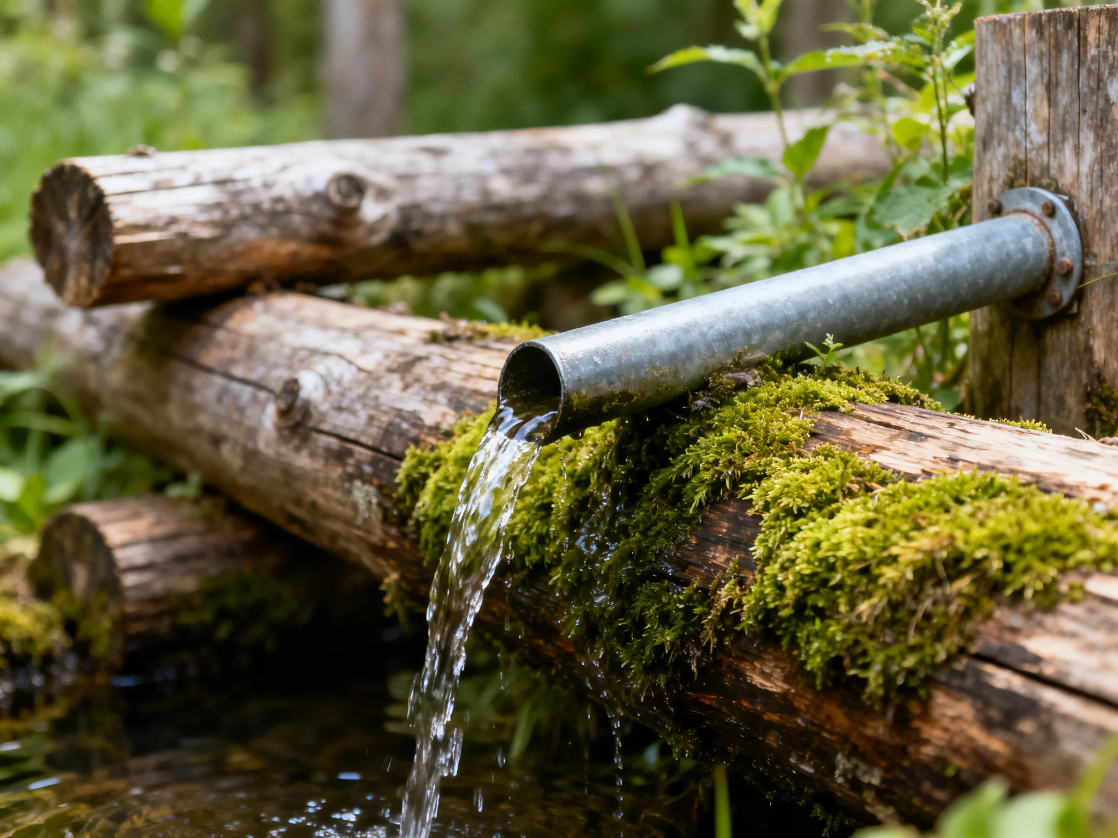 Moss-covered logs support a metal pipe pouring water onto a stream