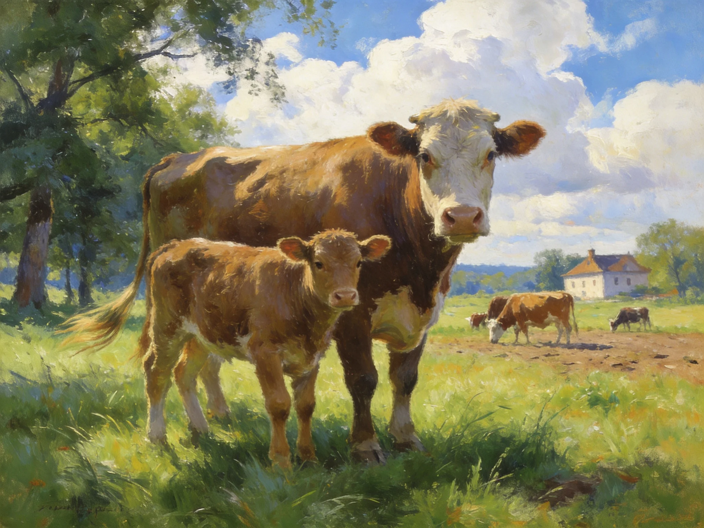 Mother cow and calf in a sunlit green pasture with farm buildings