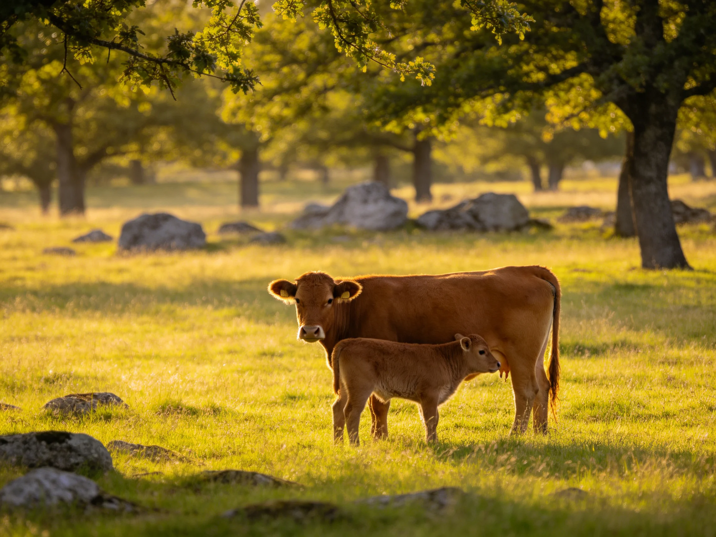 Mother cow and calf in sunlit rocky meadow with oak trees