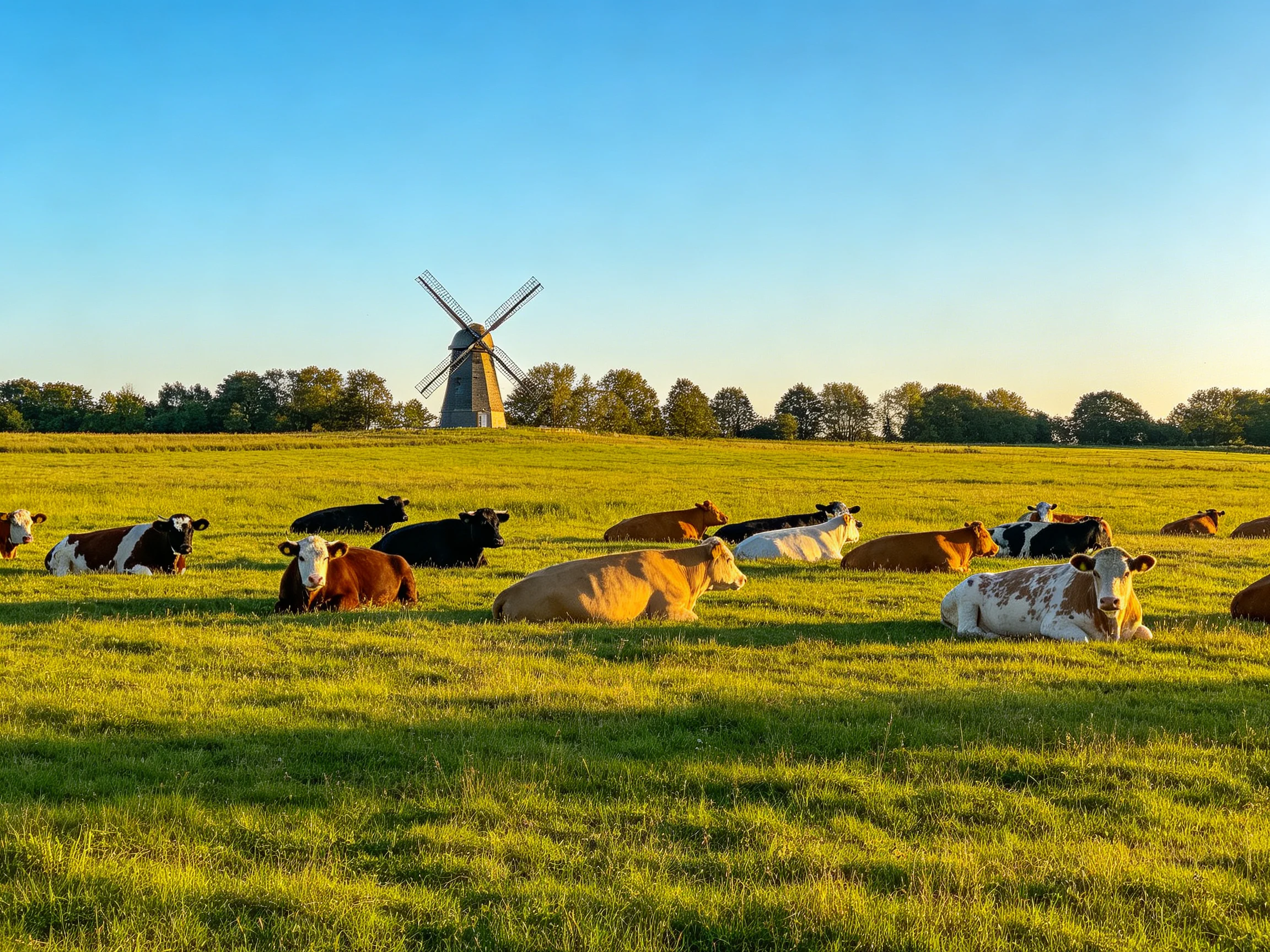 Multicolored cows rest in a sunlit field with a windmill
