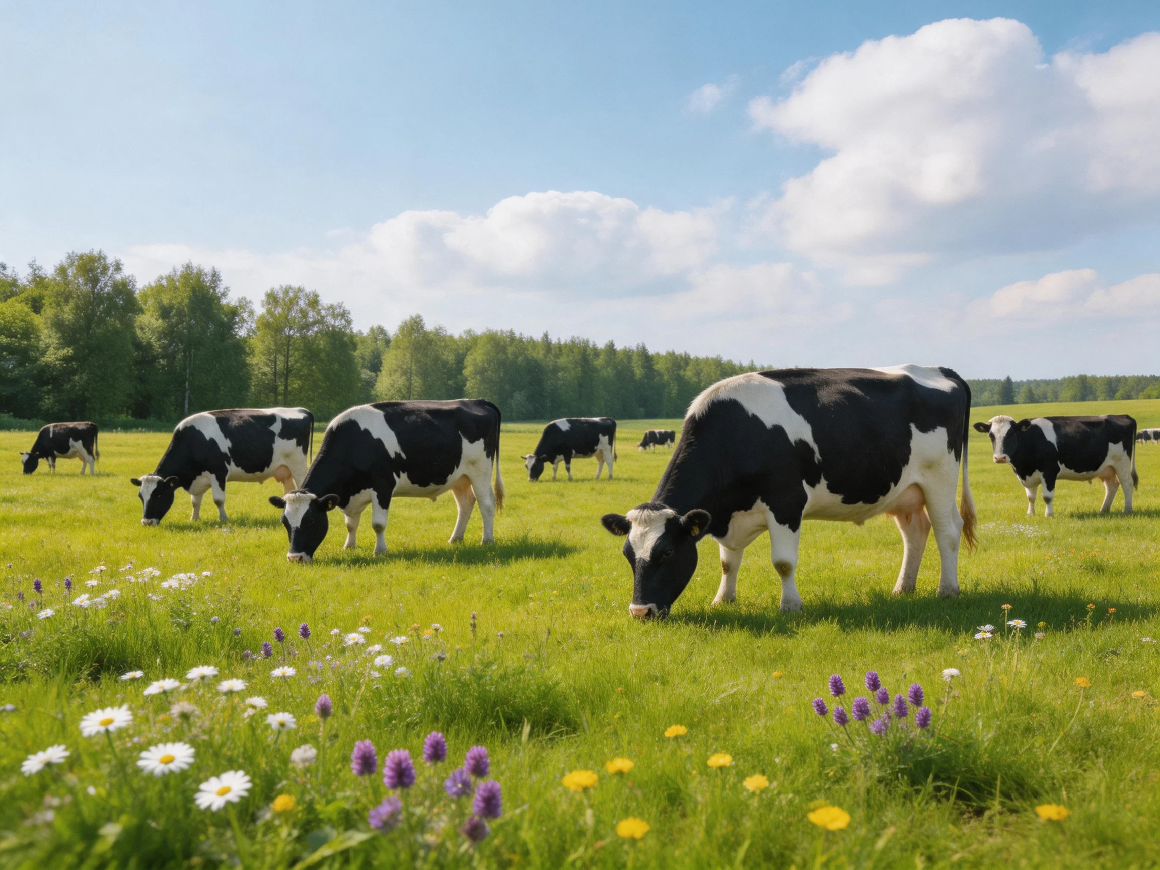 Multiple black - white cows graze in a colorful flowered pasture