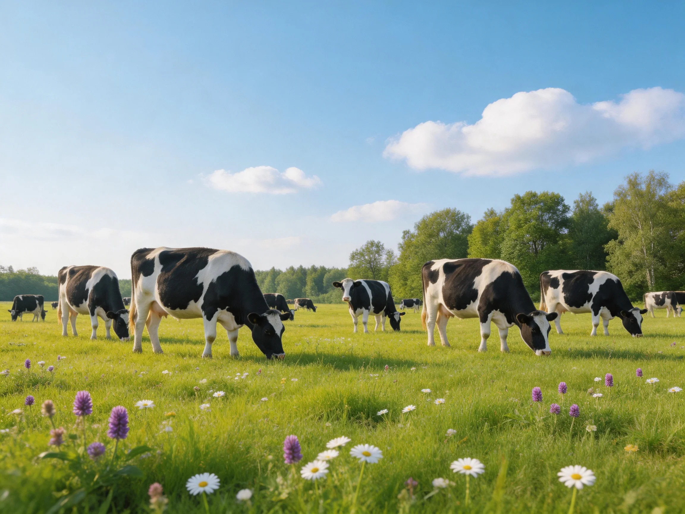 Multiple black - white cows graze in a flower - filled green pasture under sunny skies