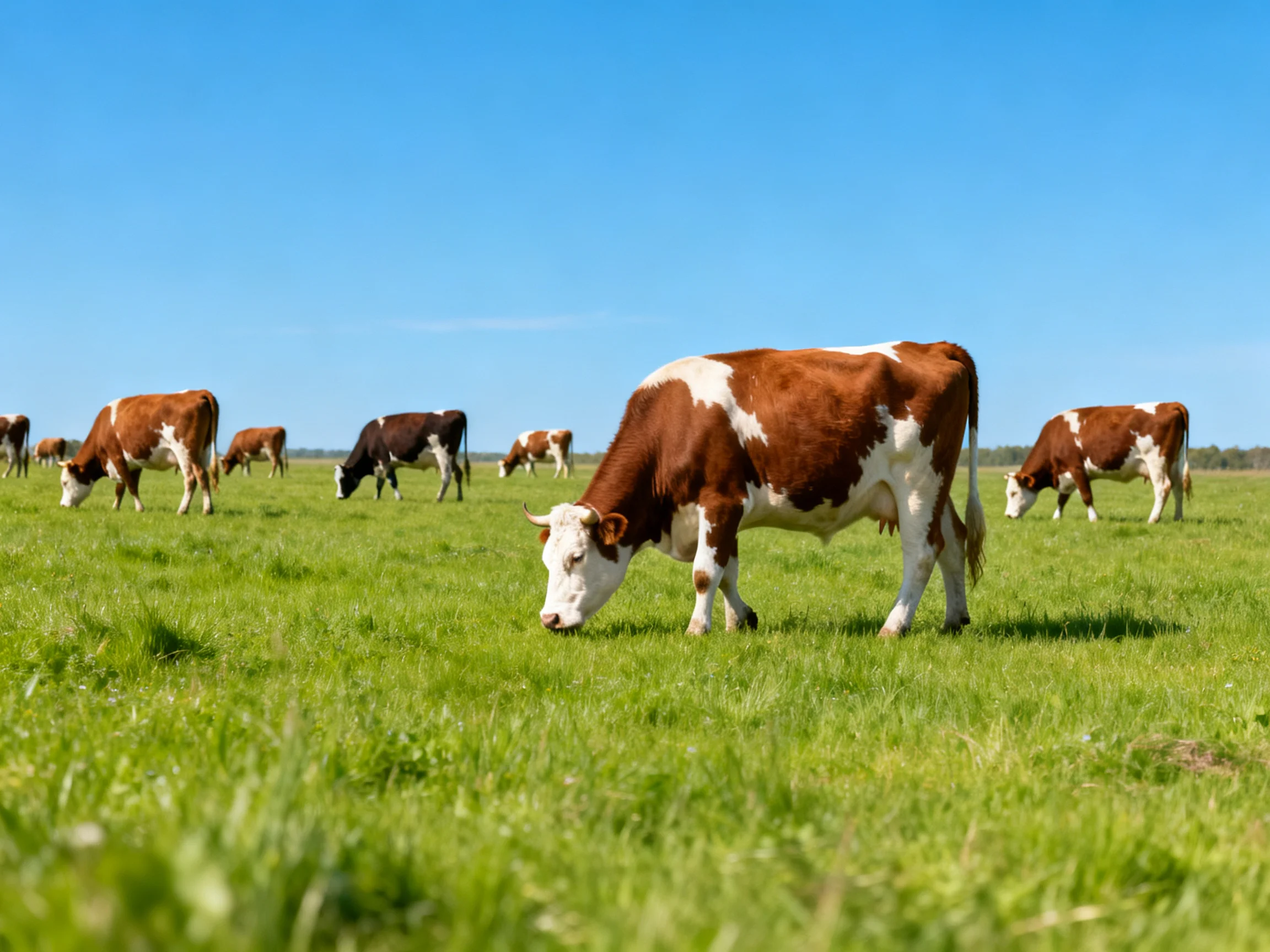 Multiple brown and white cows graze in a vast green meadow under a clear blue sky