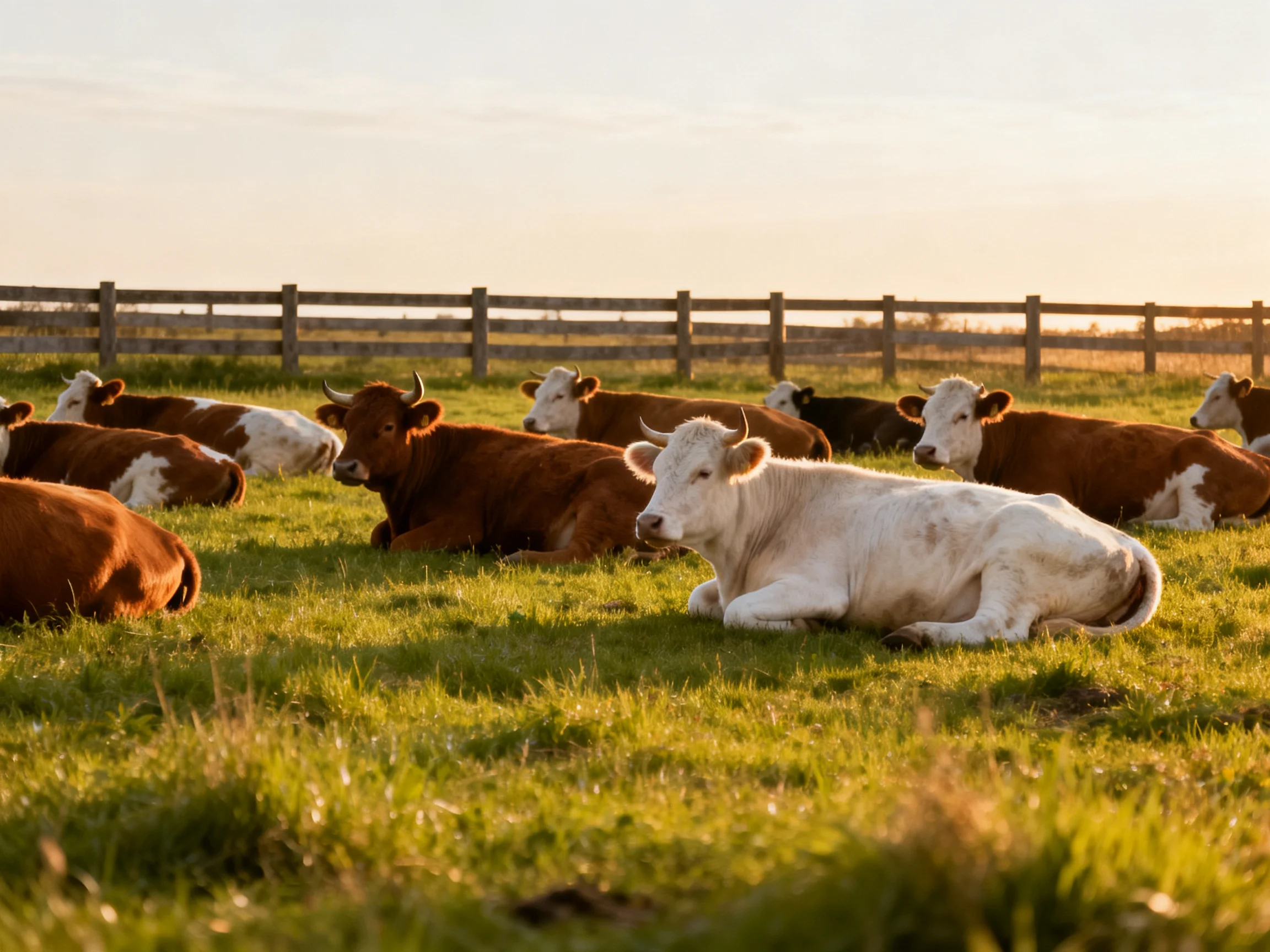 Multiple brown and white cows rest in a sunlit pasture with a wooden fence