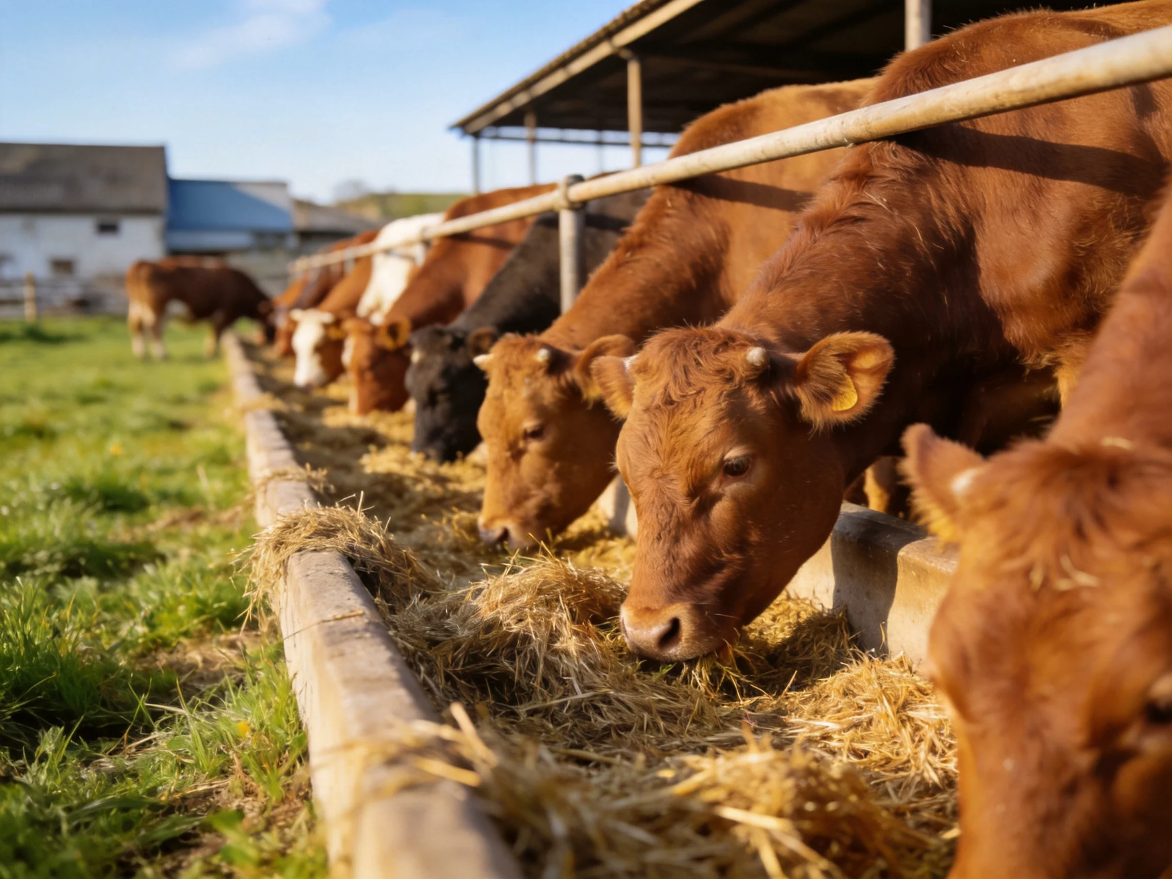 Multiple brown cattle feeding from a long wooden trough on a farm