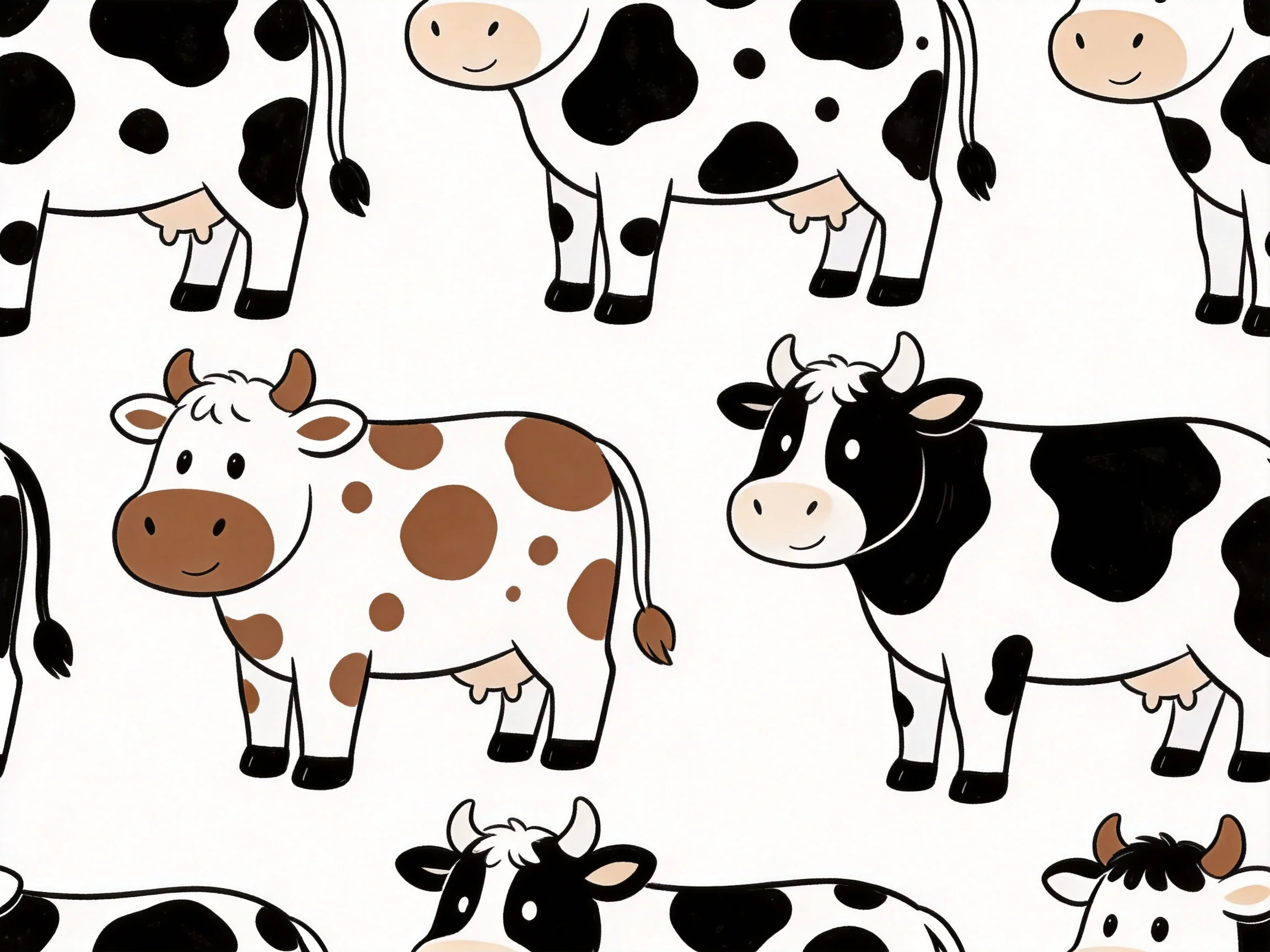 Multiple cartoon cows with black, white, and brown spotted patterns