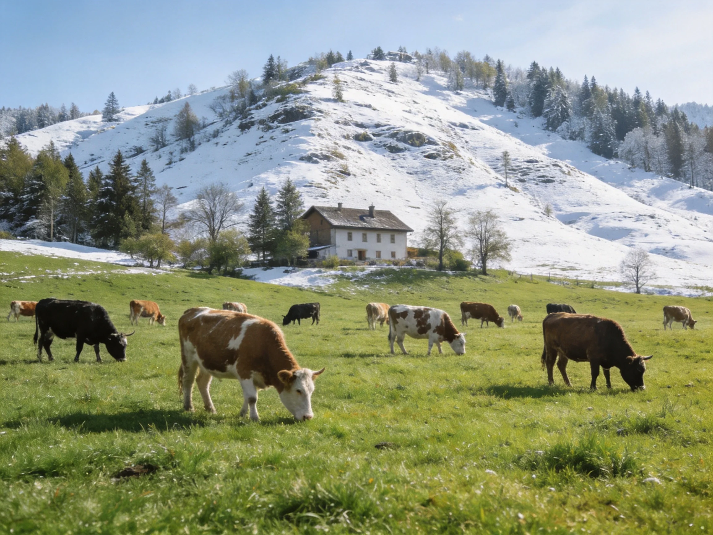 Multiple cows graze in a green meadow near a snow-covered hill with a house