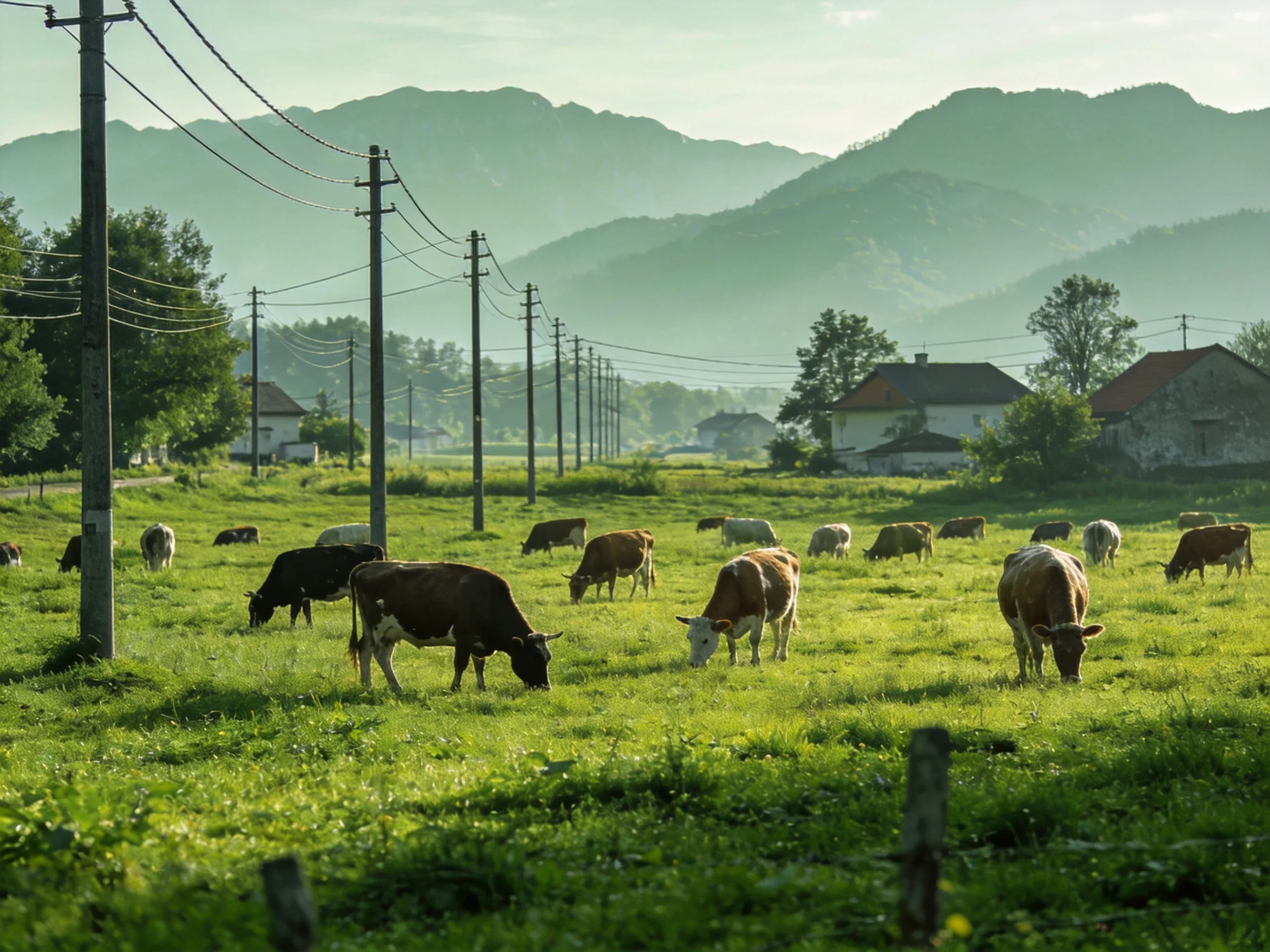 Cows graze in a green pasture near rural homes and mountains.