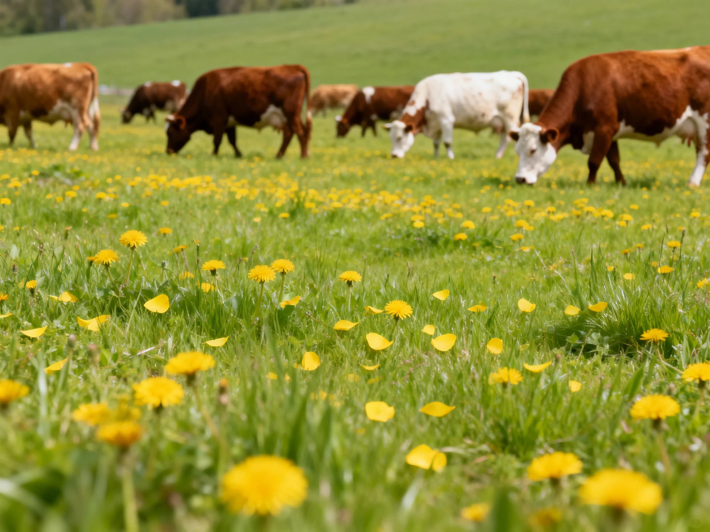 Multiple cows graze in a verdant field scattered with yellow flowers