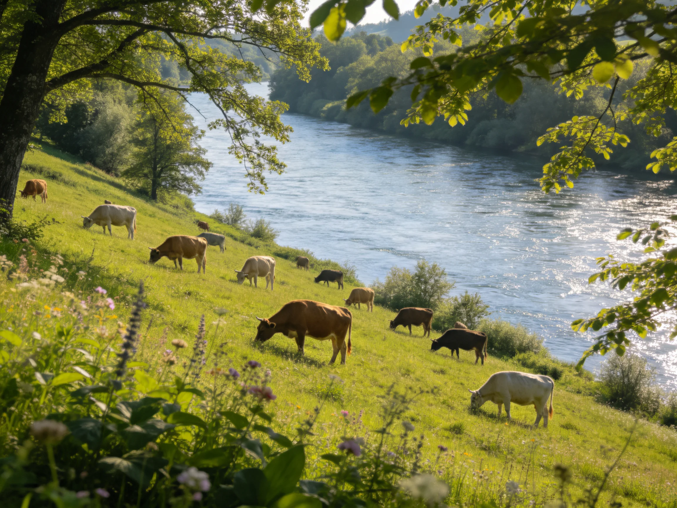 Multiple cows graze near a shimmering blue river in lush green meadow