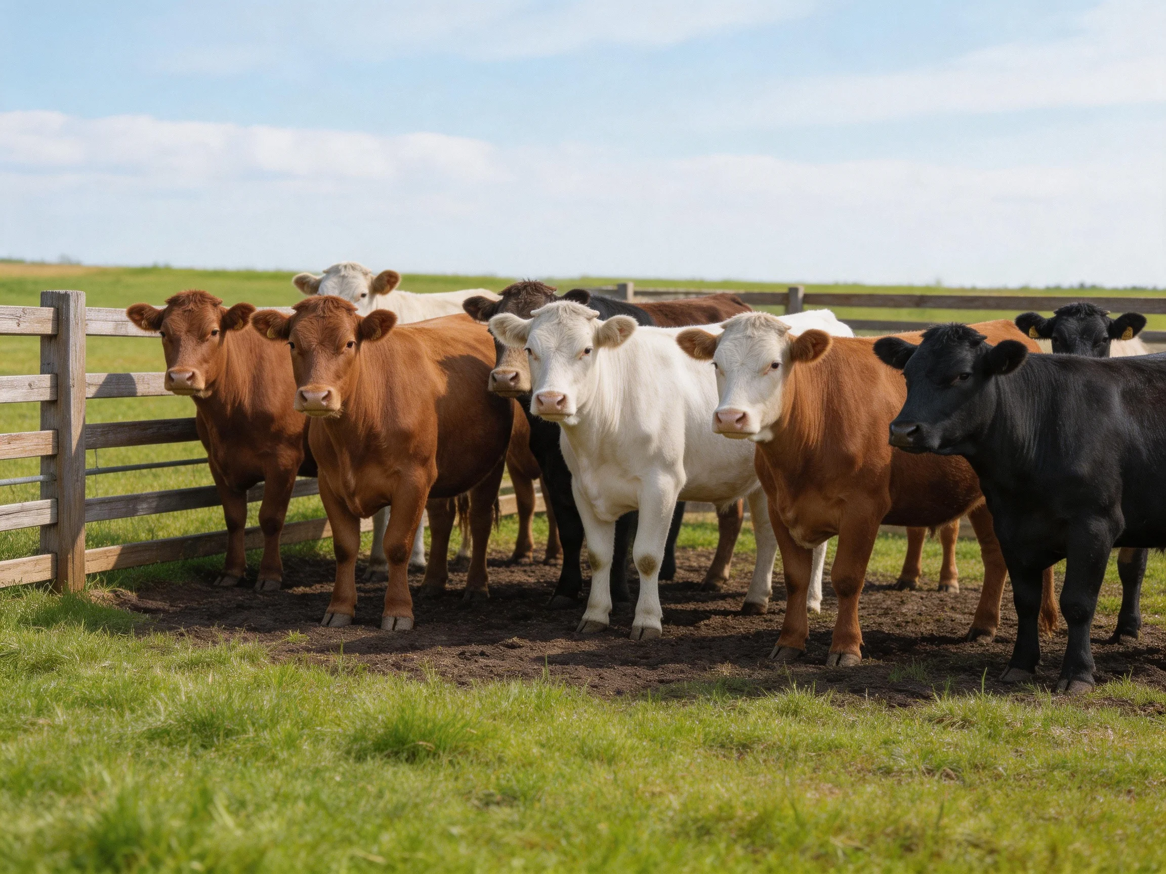 Cows of different colors congregate near a wooden fence in an open field.