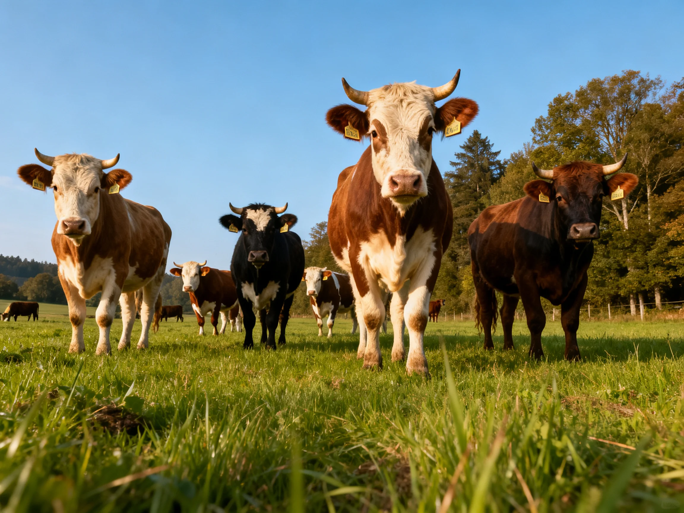 Multiple cows of brown, black, and white hues graze in a sunlit green pasture