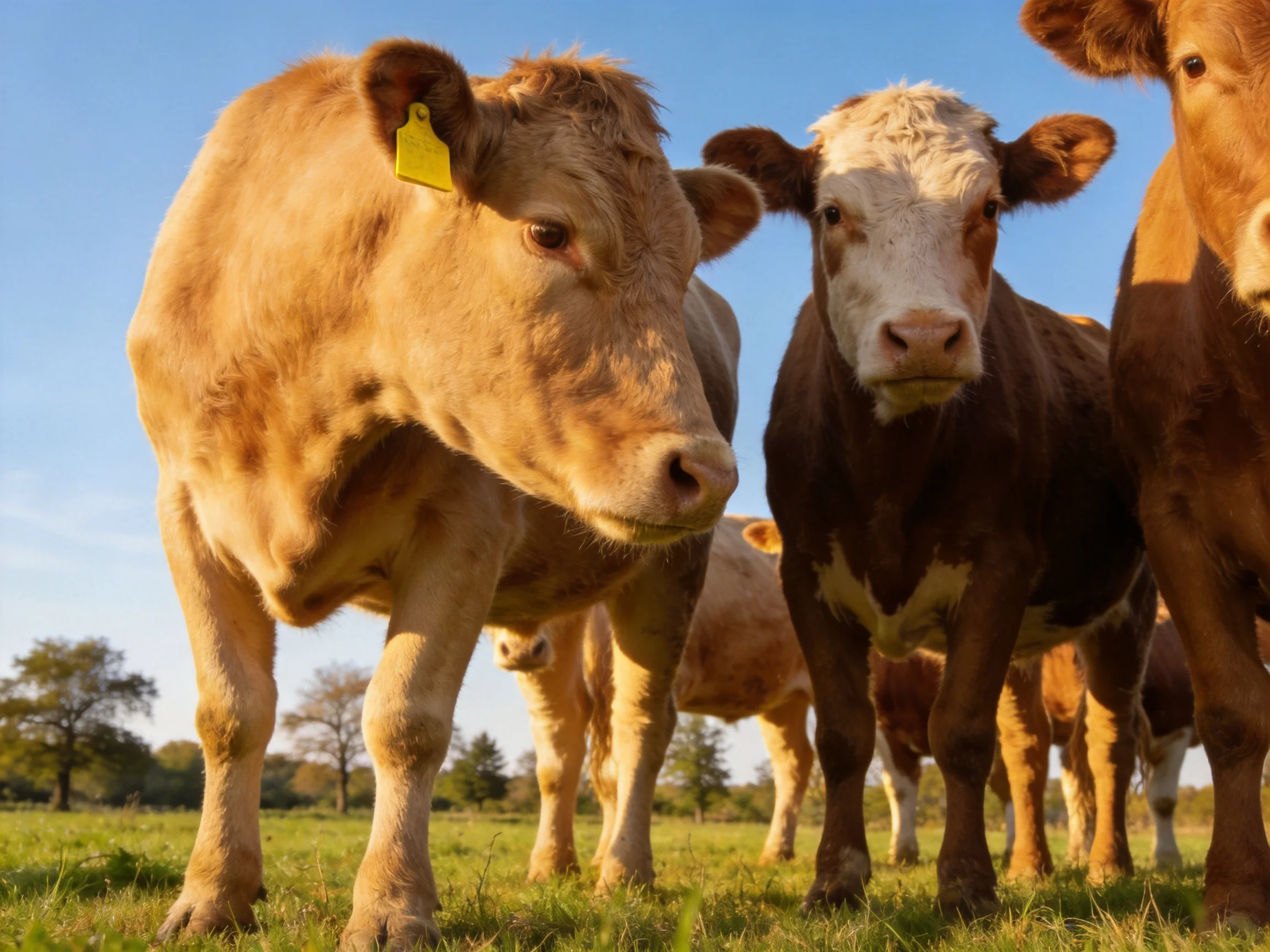 Multiple cows of diverse brown hues gather in a sunlit pasture