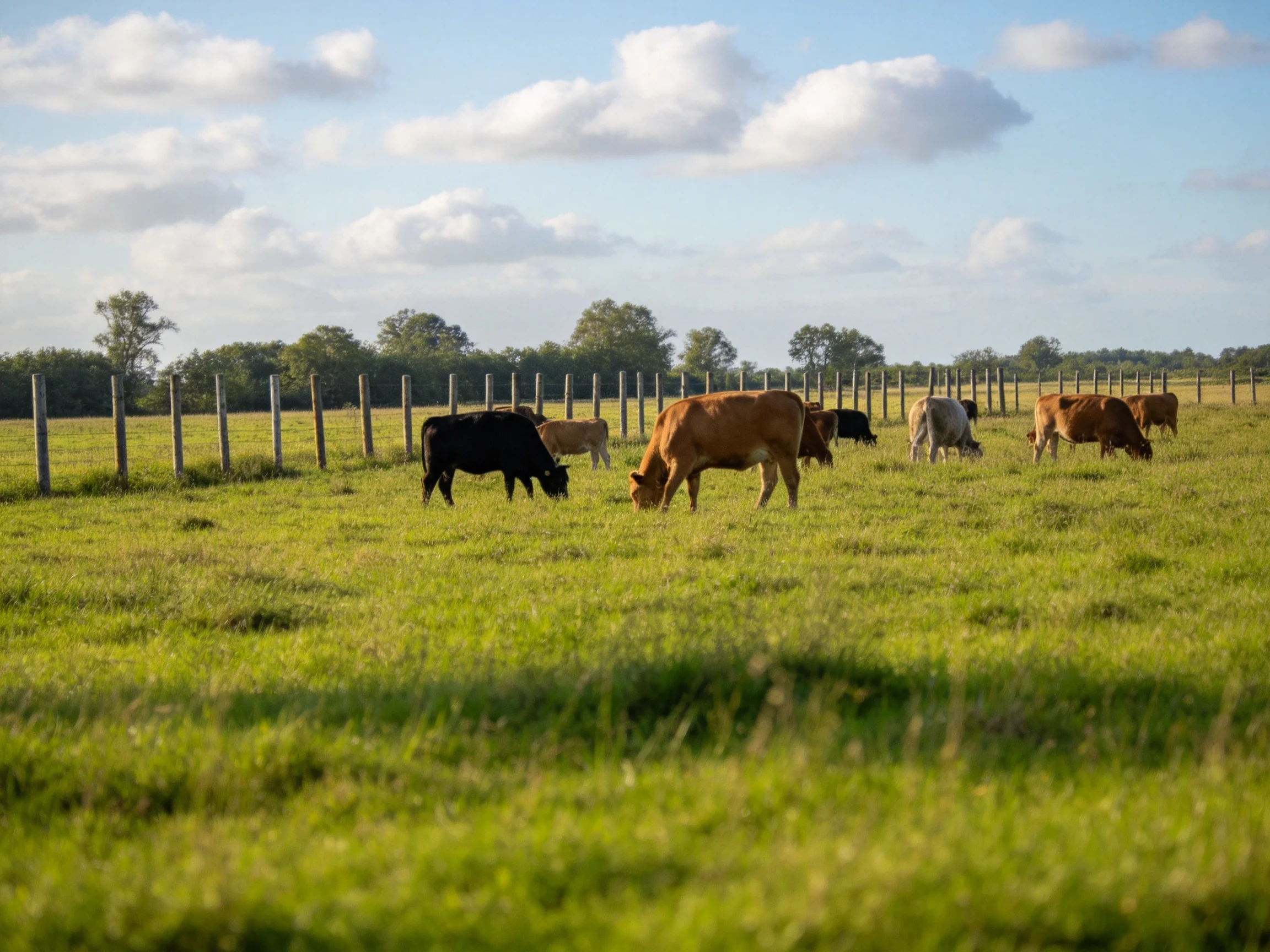 Multiple cows of various colors graze in a vast green pasture with wooden fencing.