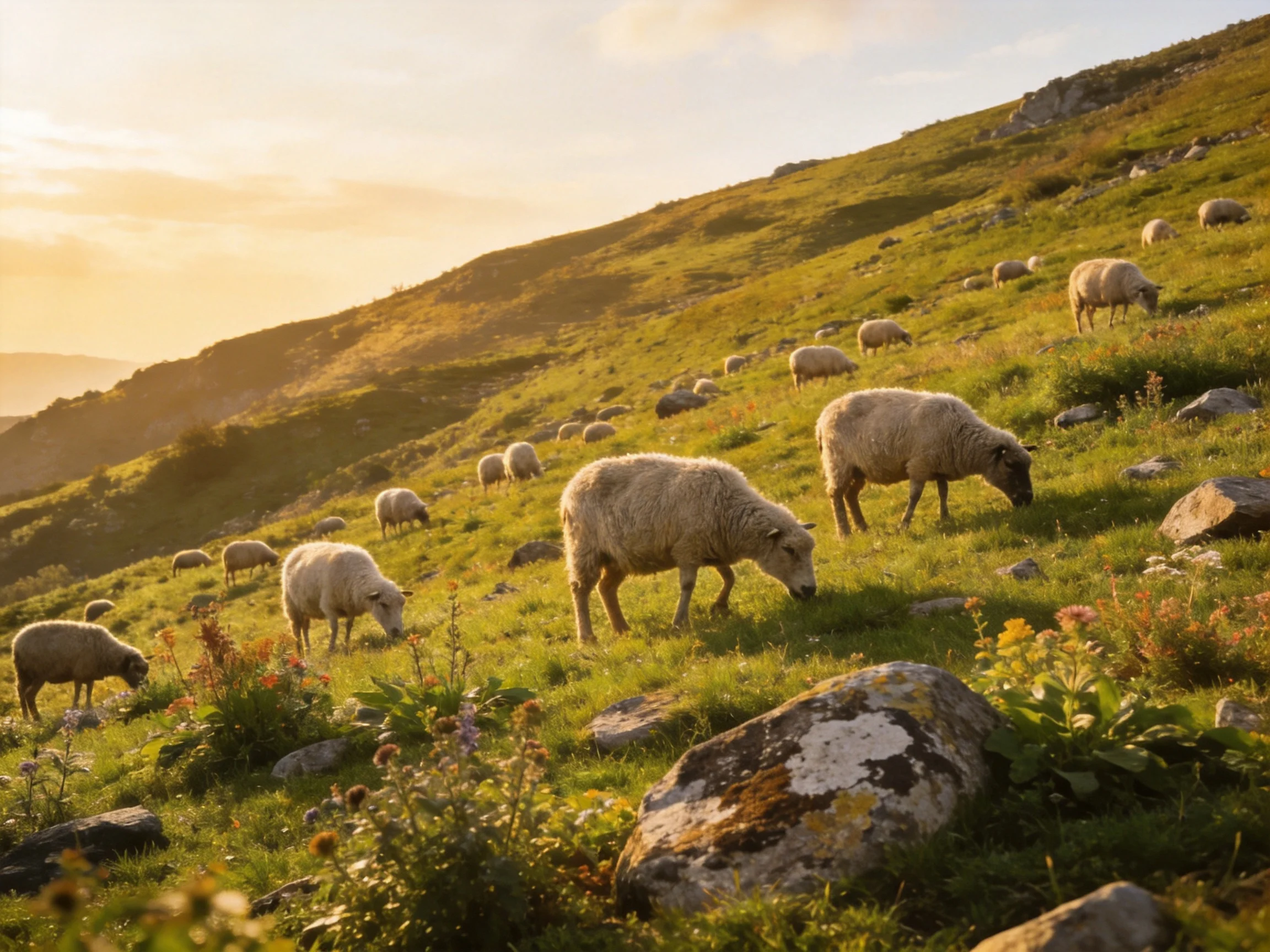 Multiple sheep graze on a verdant hillside under golden sunlight
