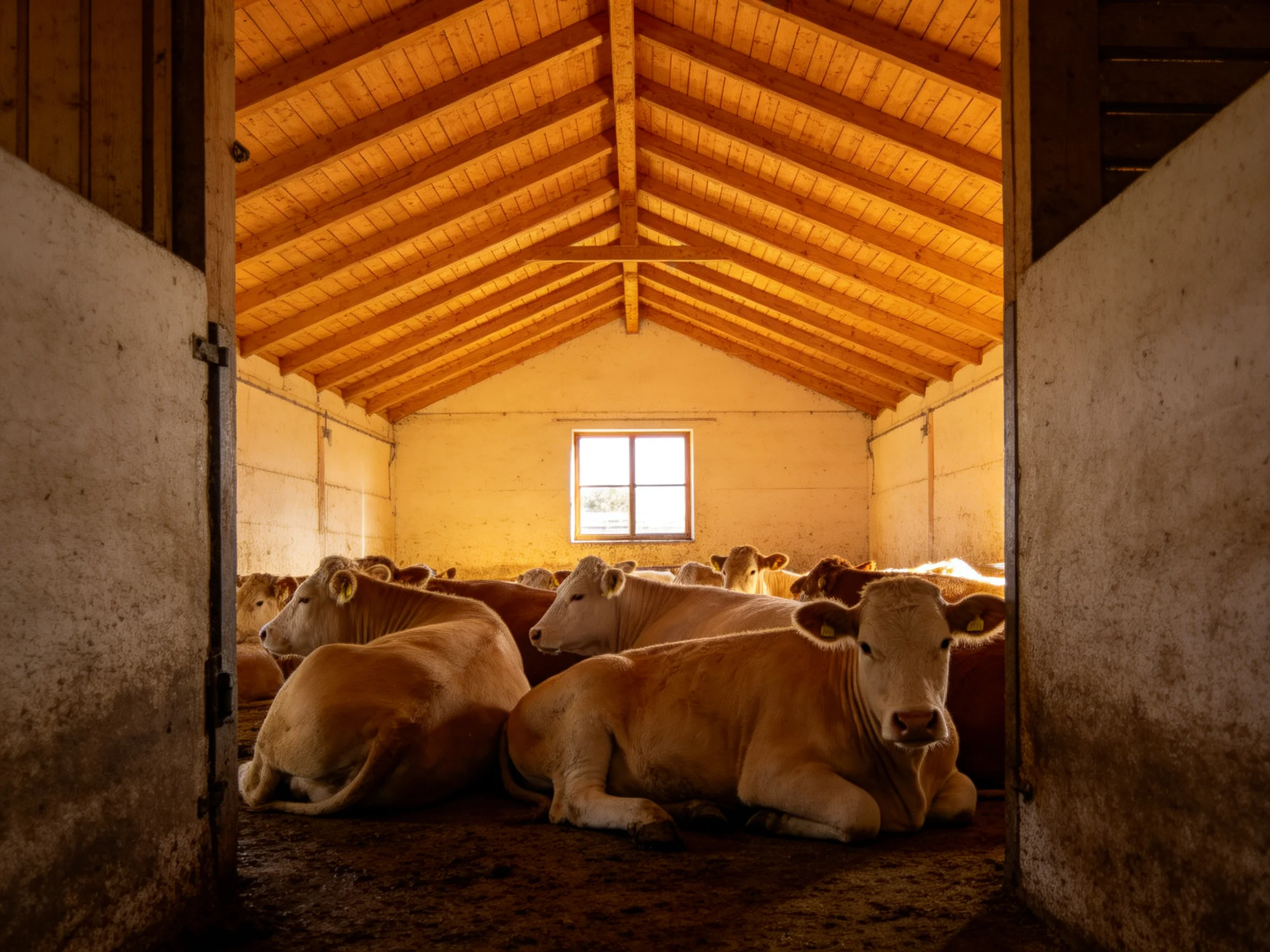 Tan cows rest in a warmly lit wooden barn