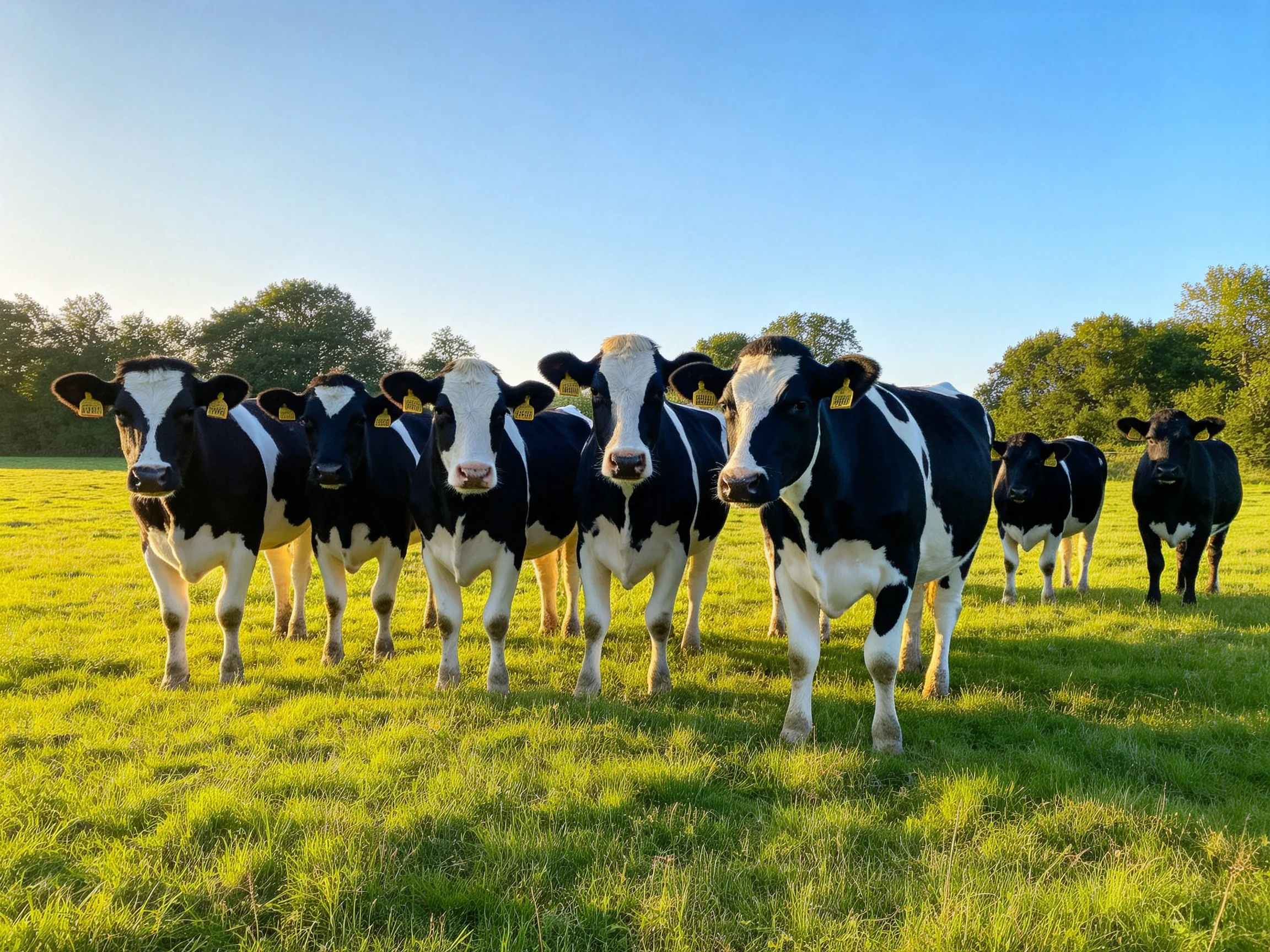 Nine black and white cows gather in a sunlit green pasture