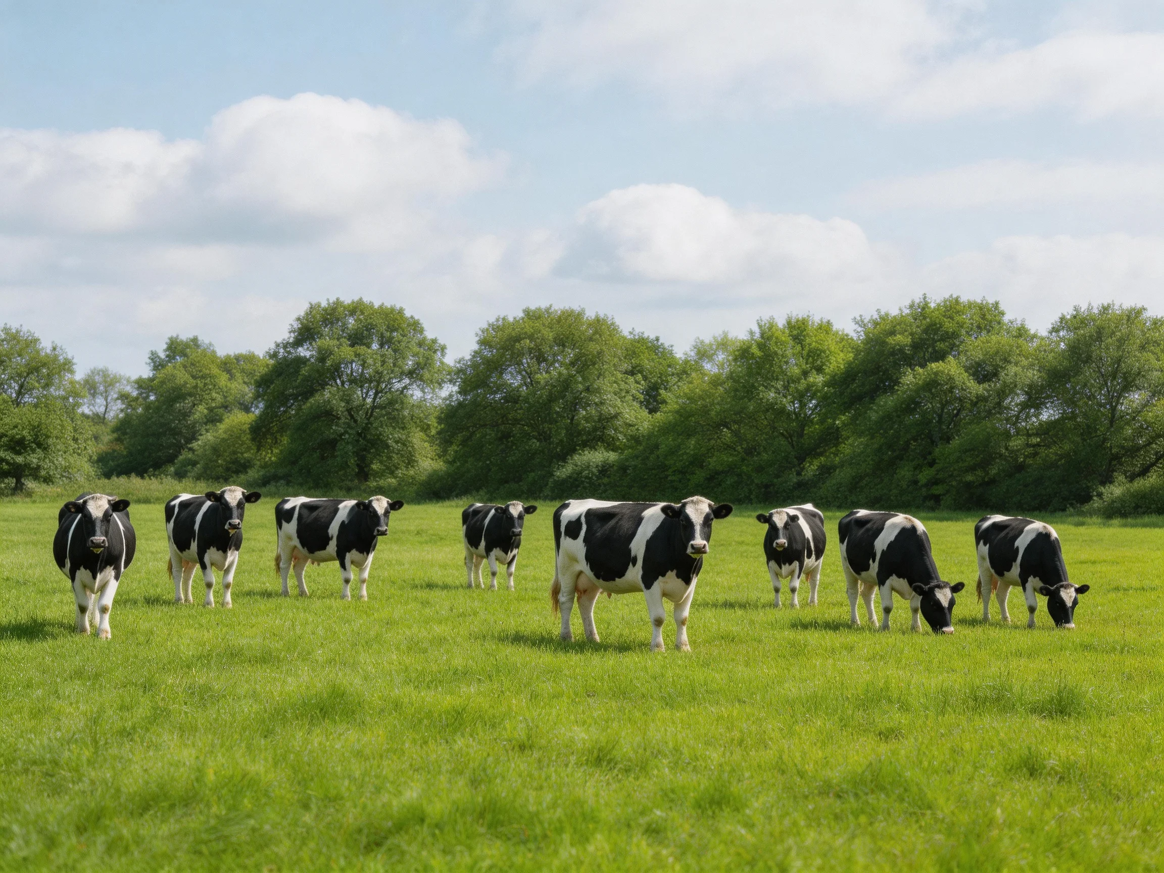 Nine black - and - white cows graze in a lush green pasture