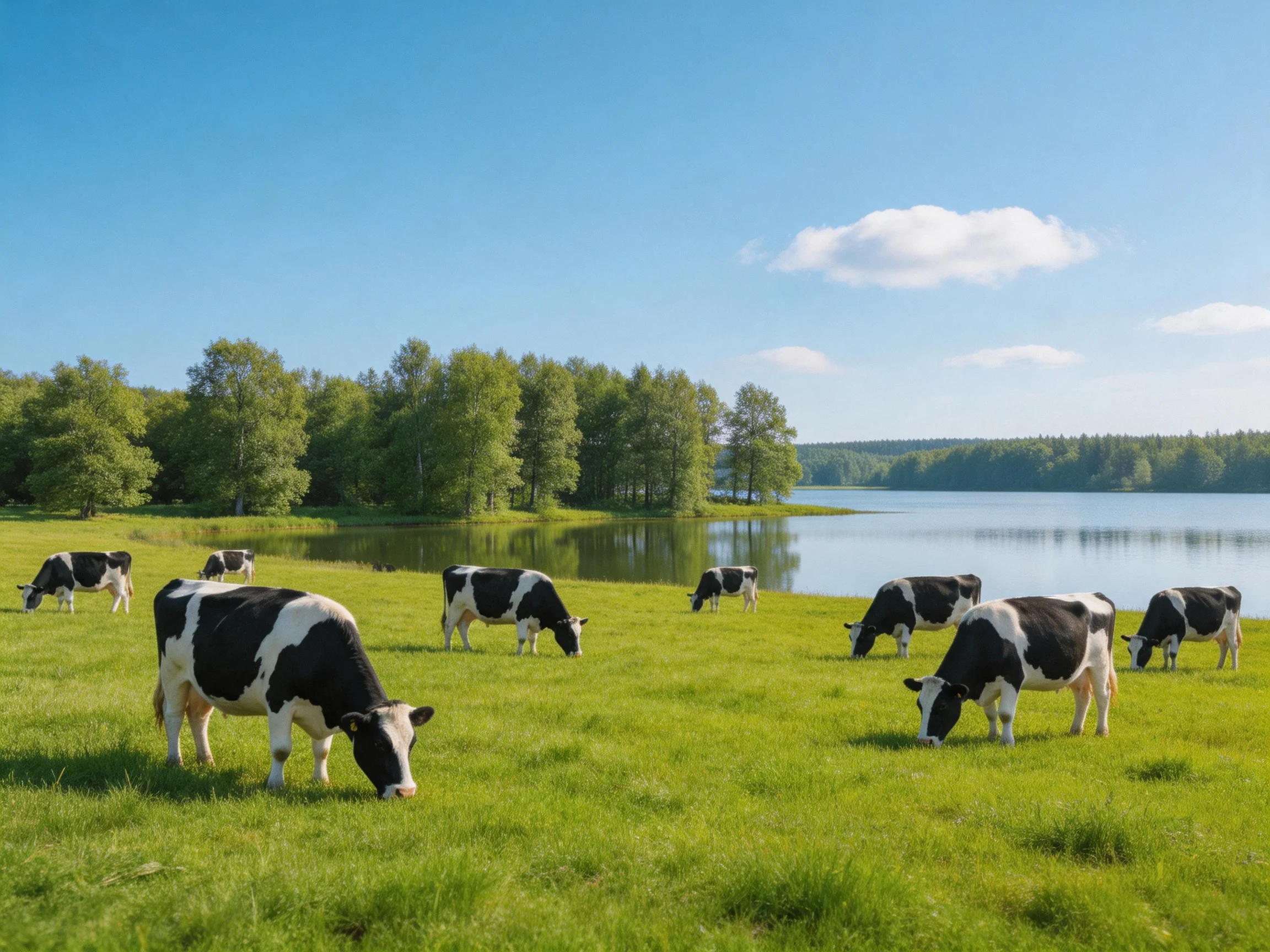 Nine black-and-white cows graze in a lush green pasture by a calm lake